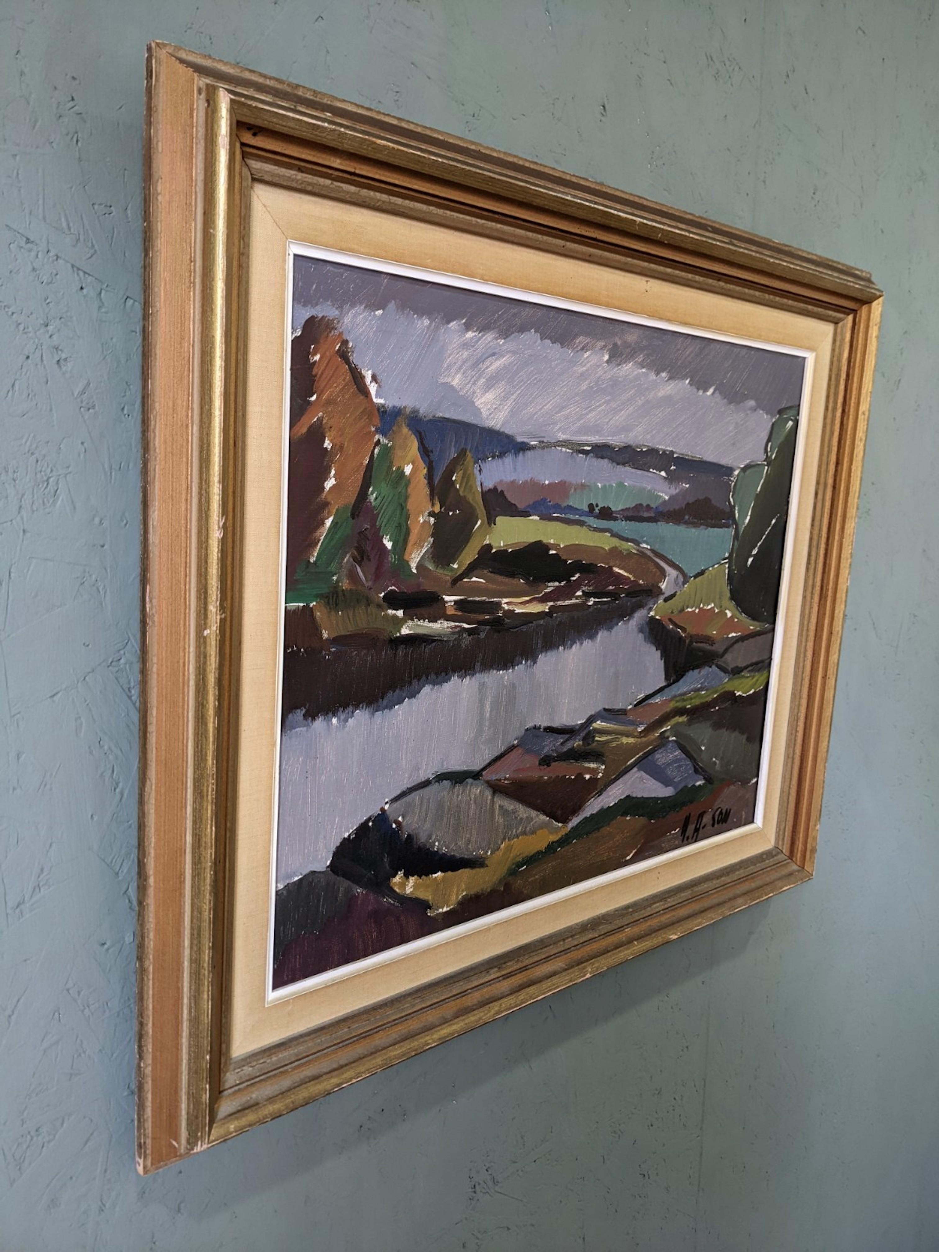 Vintage Mid-Century Modern River Landscape Framed Oil Painting - Meander 1