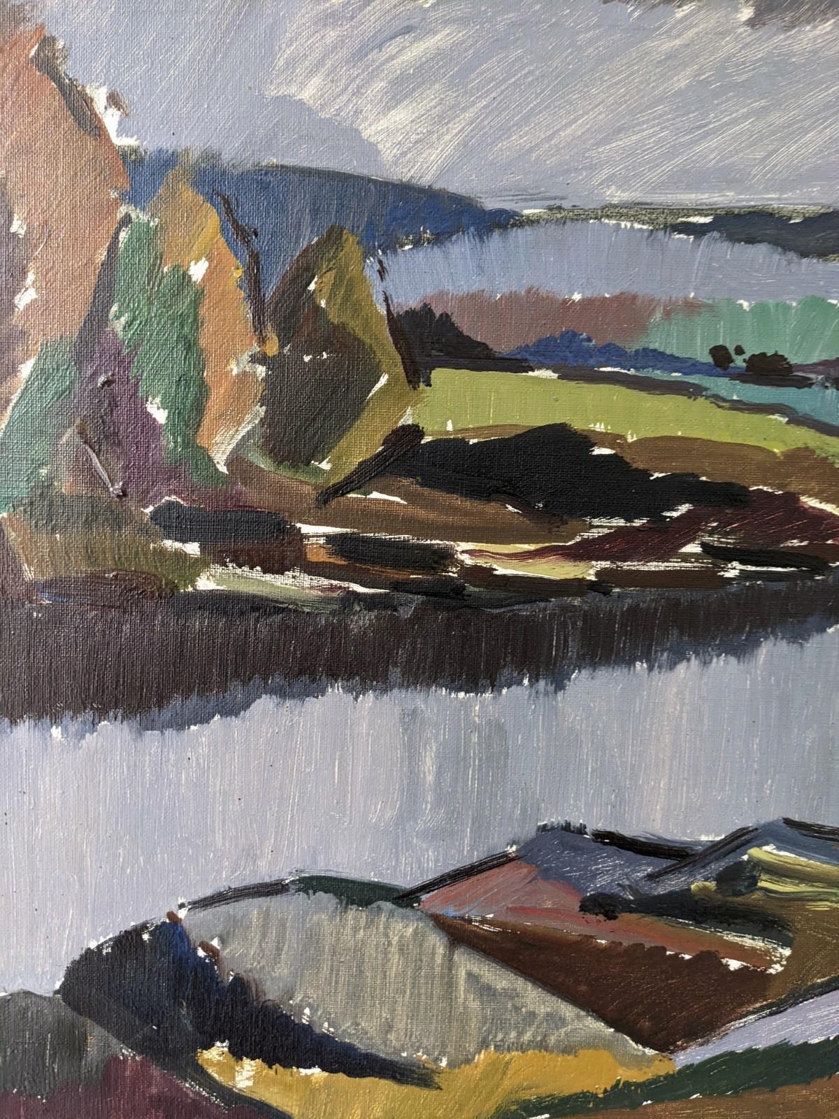 Vintage Mid-Century Modern River Landscape Framed Oil Painting - Meander 2