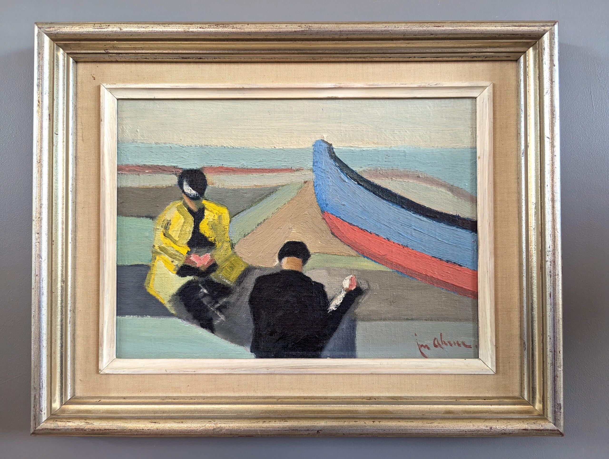Pintura al óleo vintage de mediados de siglo sobre una figura junto al mar - Drift & Thought - Painting de Unknown