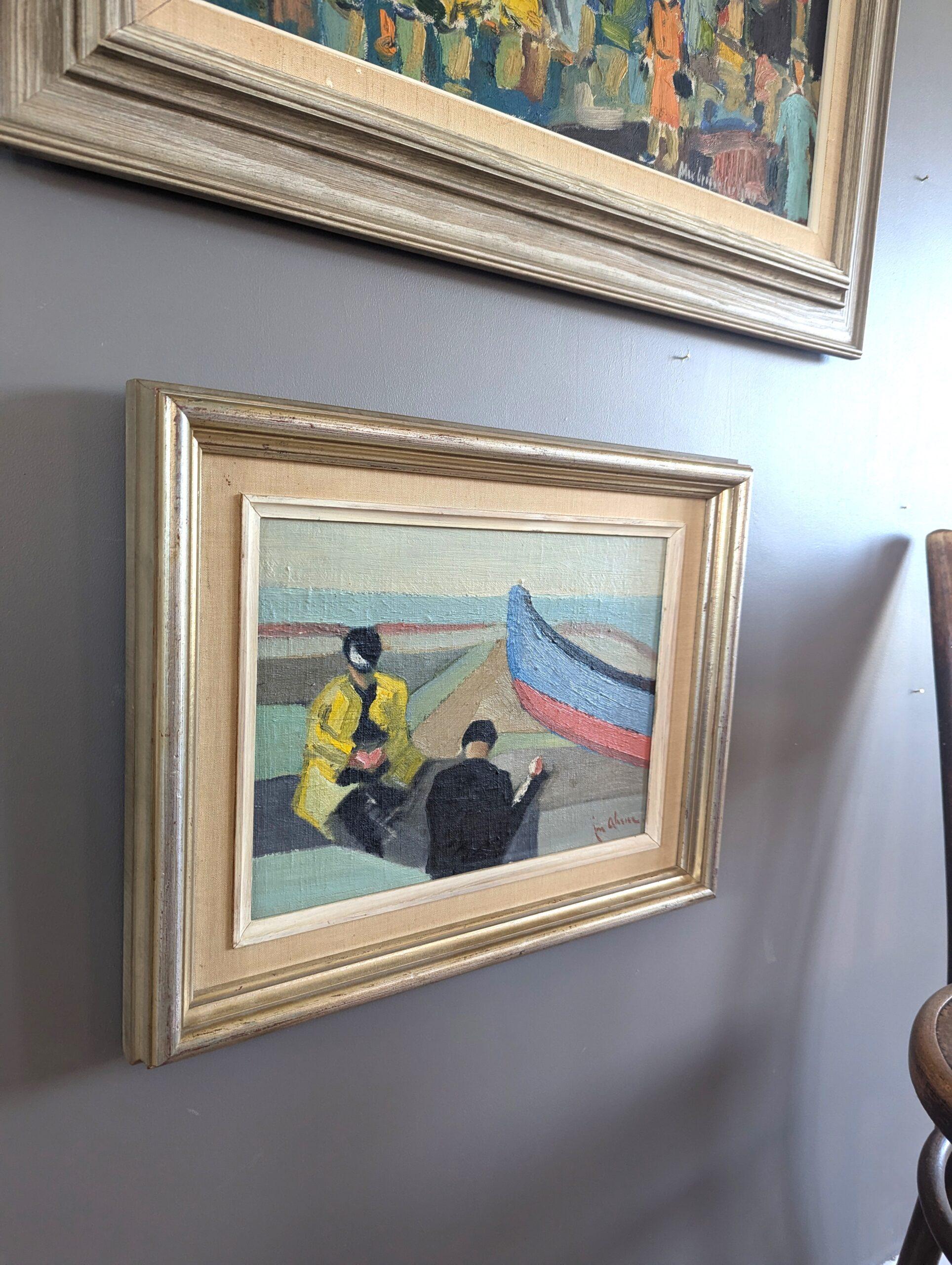 Pintura al óleo vintage de mediados de siglo sobre una figura junto al mar - Drift & Thought - Painting Moderno de Unknown