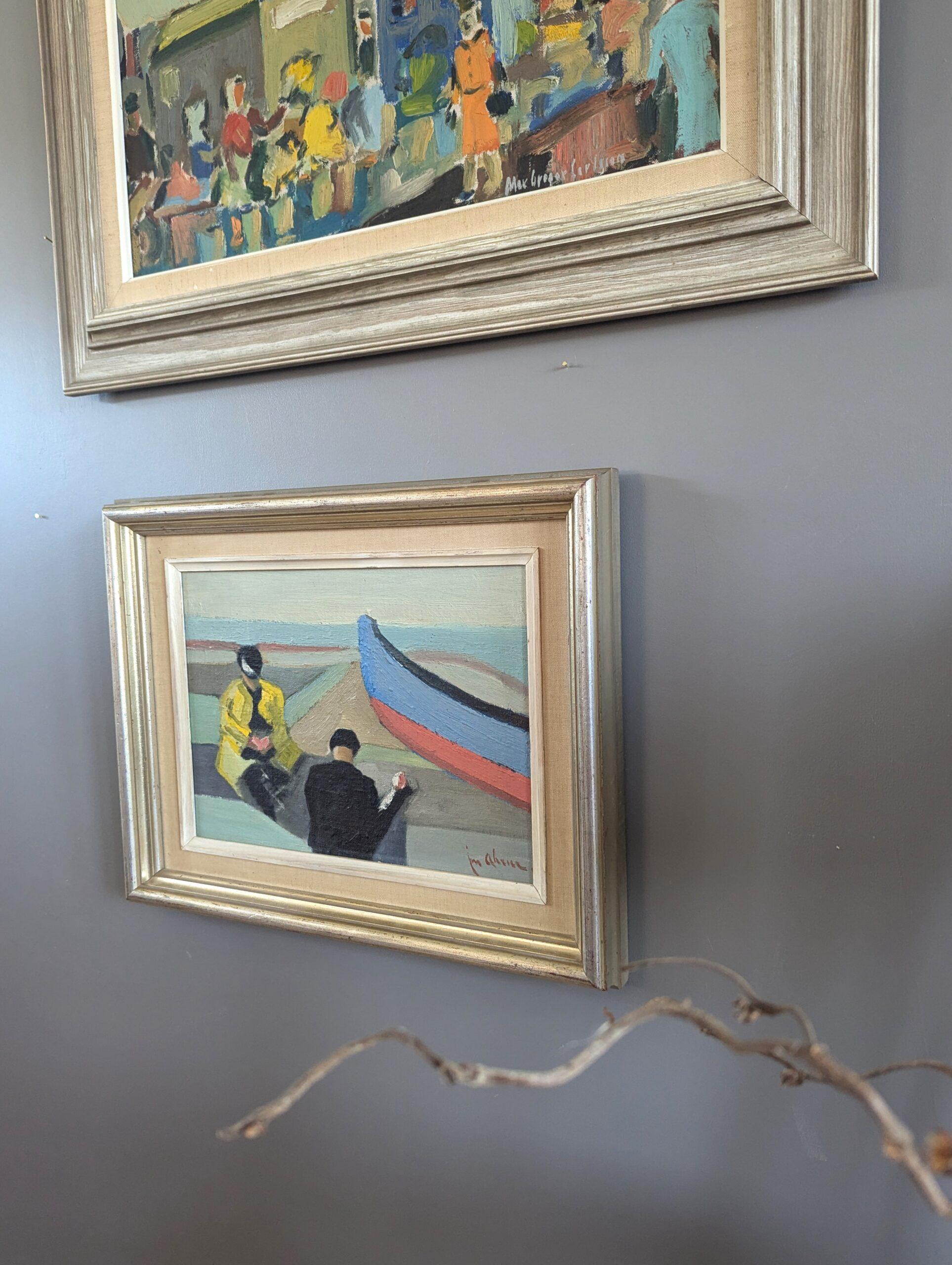 Pintura al óleo vintage de mediados de siglo sobre una figura junto al mar - Drift & Thought - Landscape Painting Marrón de Unknown