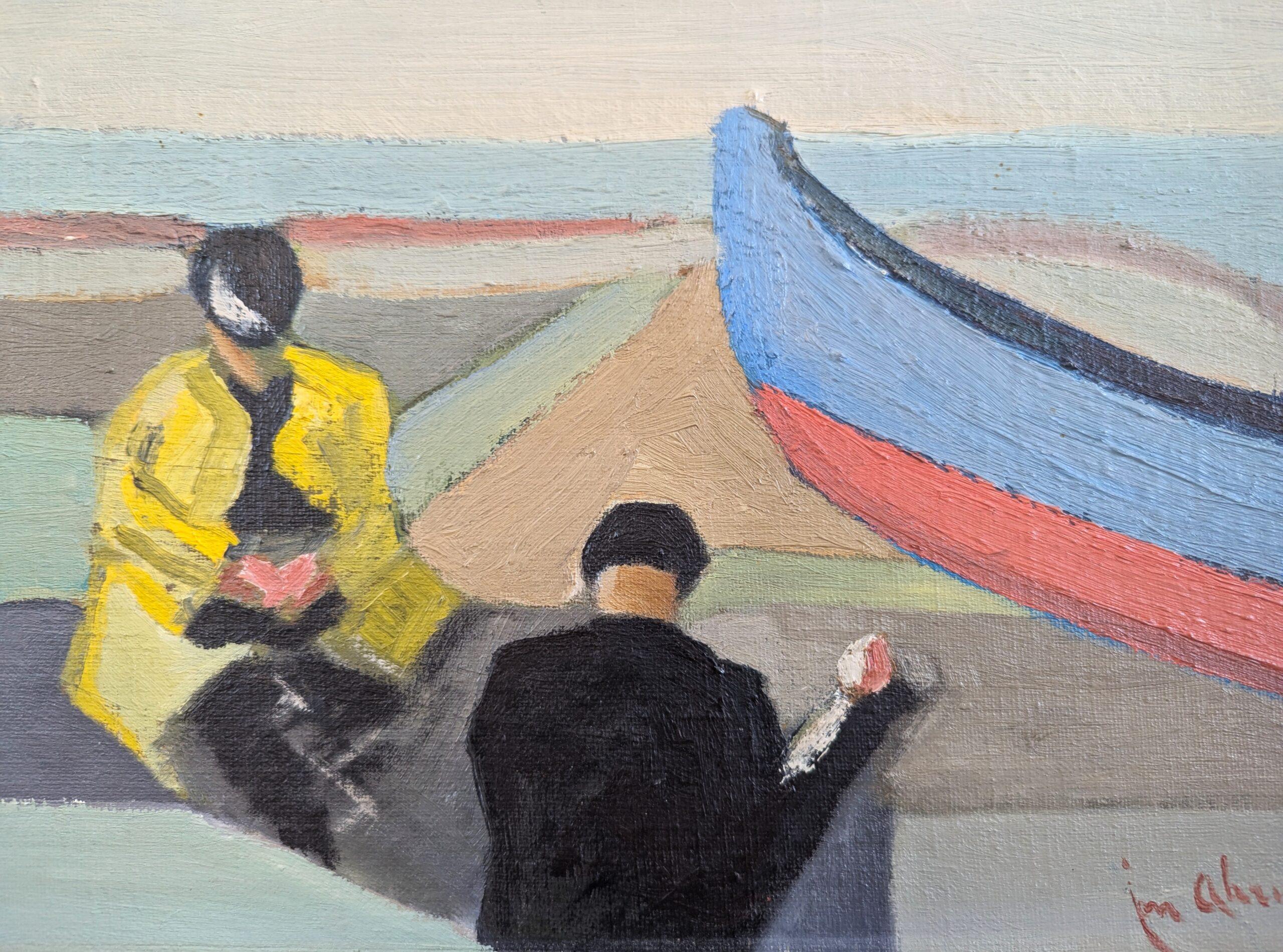 Pintura al óleo vintage de mediados de siglo sobre una figura junto al mar - Drift & Thought en venta 2