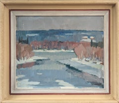 Vintage Mid-Century Modern Semi-Abstract Landscape Oil Painting - Winter River