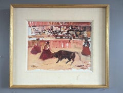 Vintage Mid Century Modern Semi-Abstract Oil Painting - Bullfight in Motion