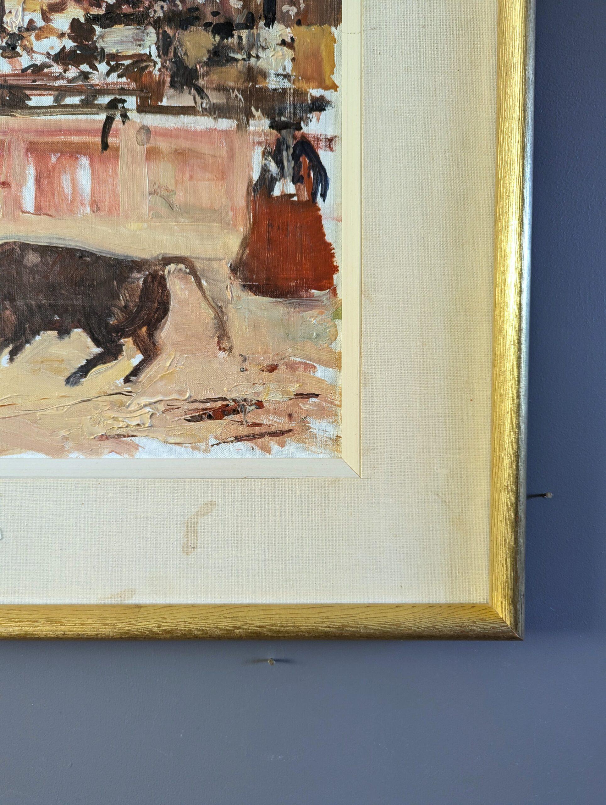 Semi-abstrakte Vintage-Ölgemälde, Mid-Century Modern, Vintage, Stierkampf in Bewegung, Vintage (Beige), Animal Painting, von Unknown