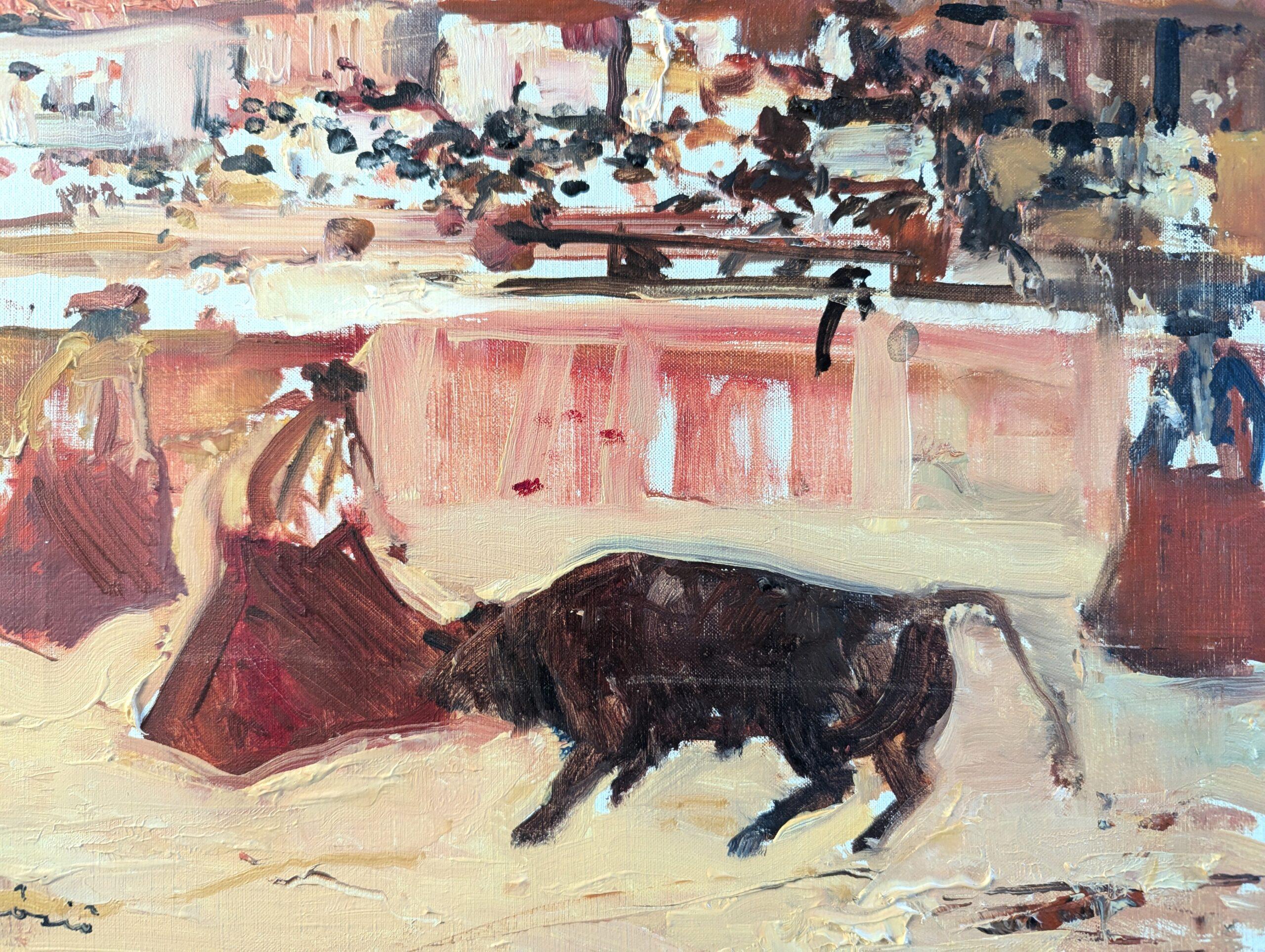 STIERKAMPF IN BEWEGUNG
Größe: 43,5 x 51 cm (einschließlich Rahmen)
Öl auf Leinwand

Eine emotionale und dynamische Komposition aus der Mitte des Jahrhunderts, die das dramatische Spektakel einer Stierkampfszene einfängt, ausgeführt in Öl auf
