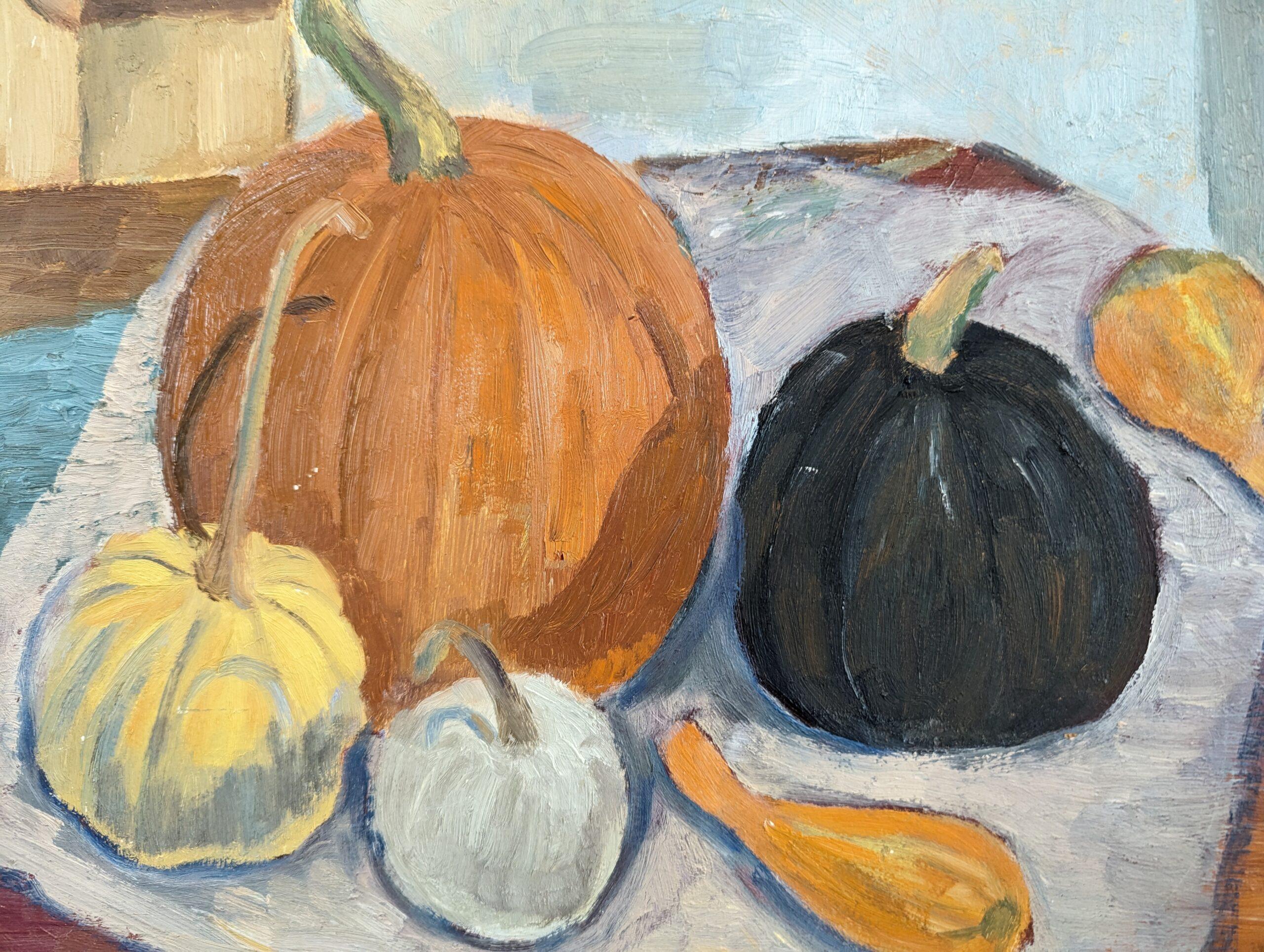  Vintage Mid-Century Modern Still Life Expressive Oil Painting - The Gourds im Angebot 10