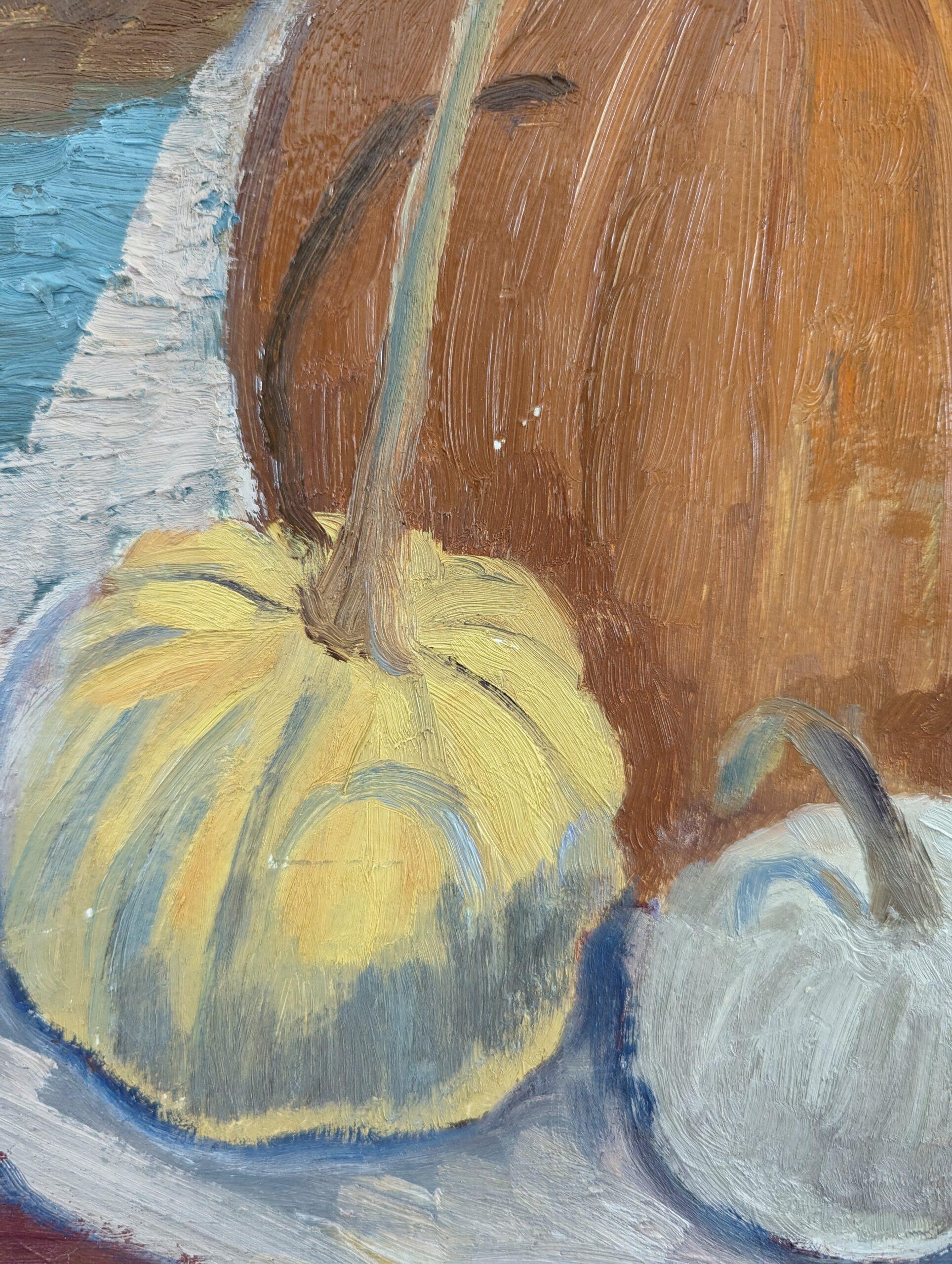  Vintage Mid-Century Modern Still Life Expressive Oil Painting - The Gourds im Angebot 11