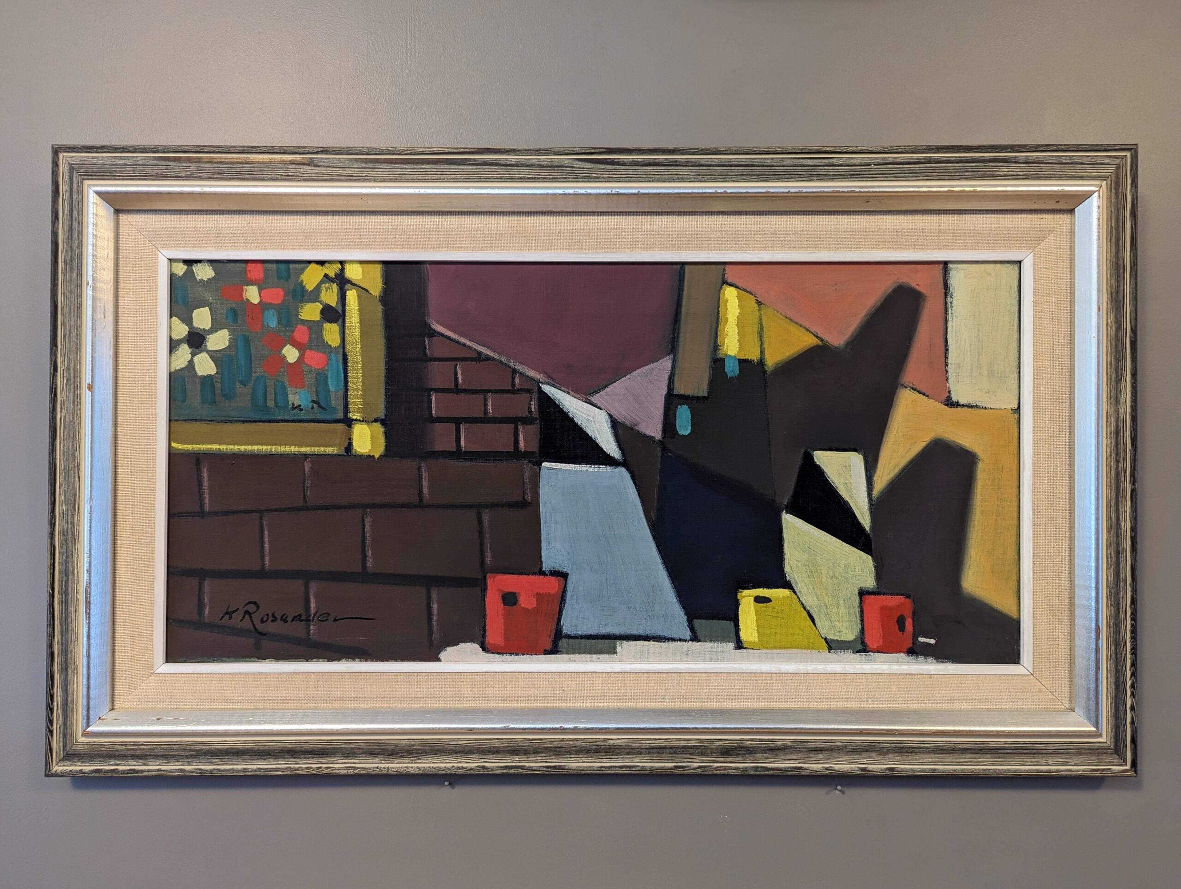 CUBIST JUGS
Oil on Canvas
Size: 41.5 x 71.5 cm (including frame)

A rich and vivid modernist composition, painted in oil onto canvas.

With a myriad of bold and striking colours in a series of geometric shapes, we can discern an interior scene. A