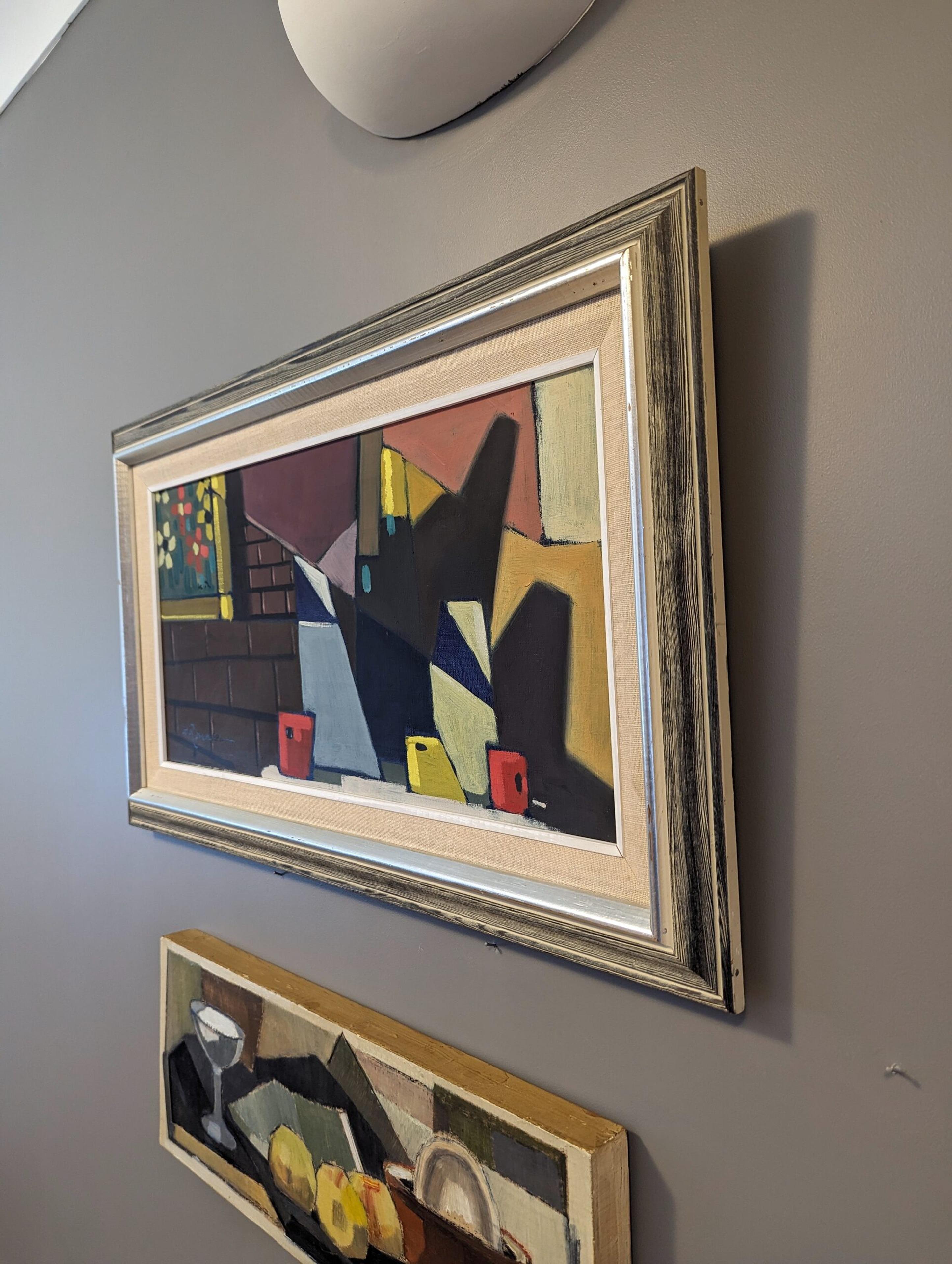 Vintage Mid-Century Modern Still Life Framed Oil Painting - Cubist Jugs For Sale 3