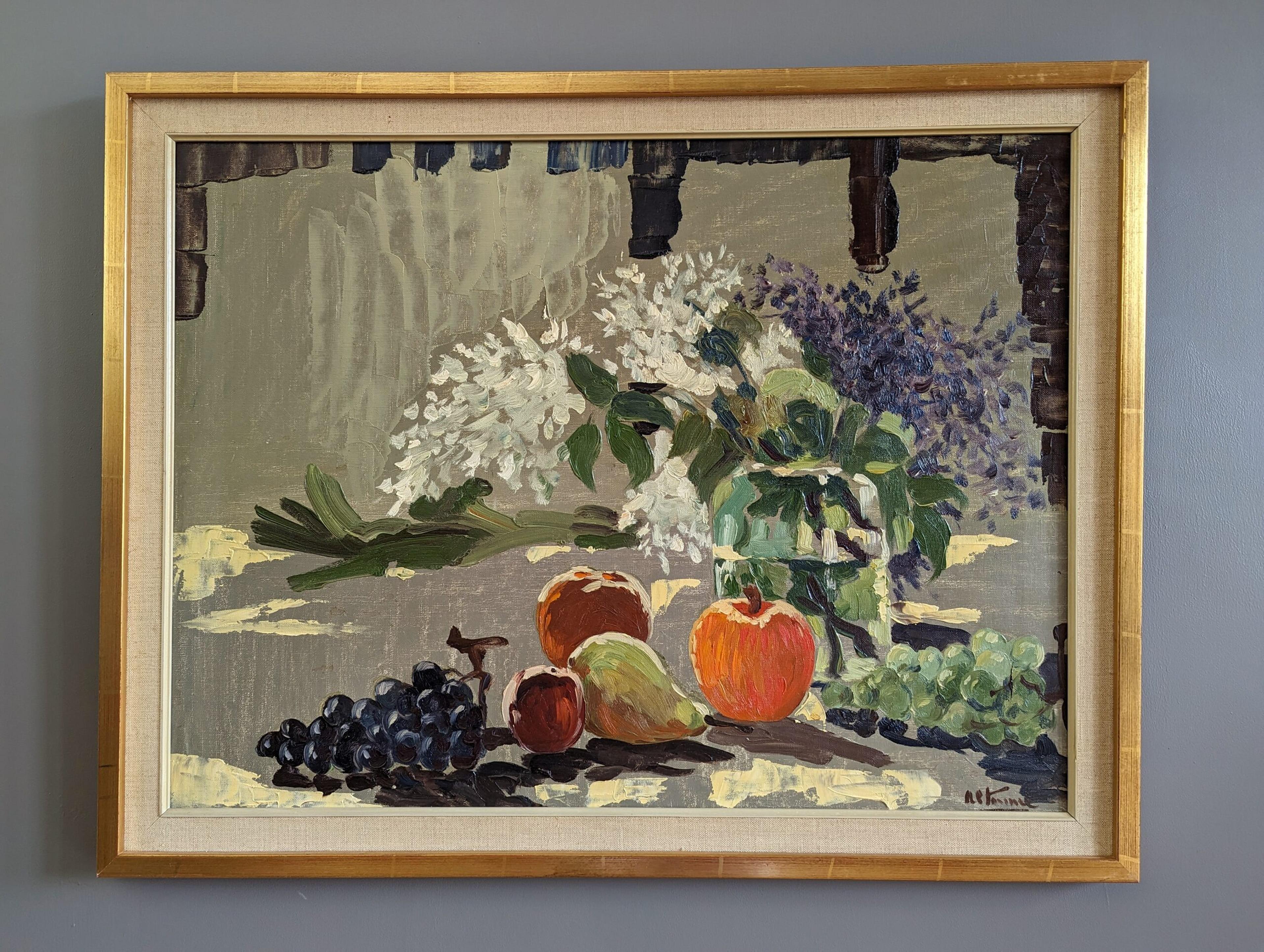 RIPE
Size: 58 x 74 cm (including frame)
Oil on Canvas

An expressive and richly coloured mid-century still life composition, executed in oil onto canvas.

Set against a beige backdrop rests a jar of white and purple flowers as well as an assortment