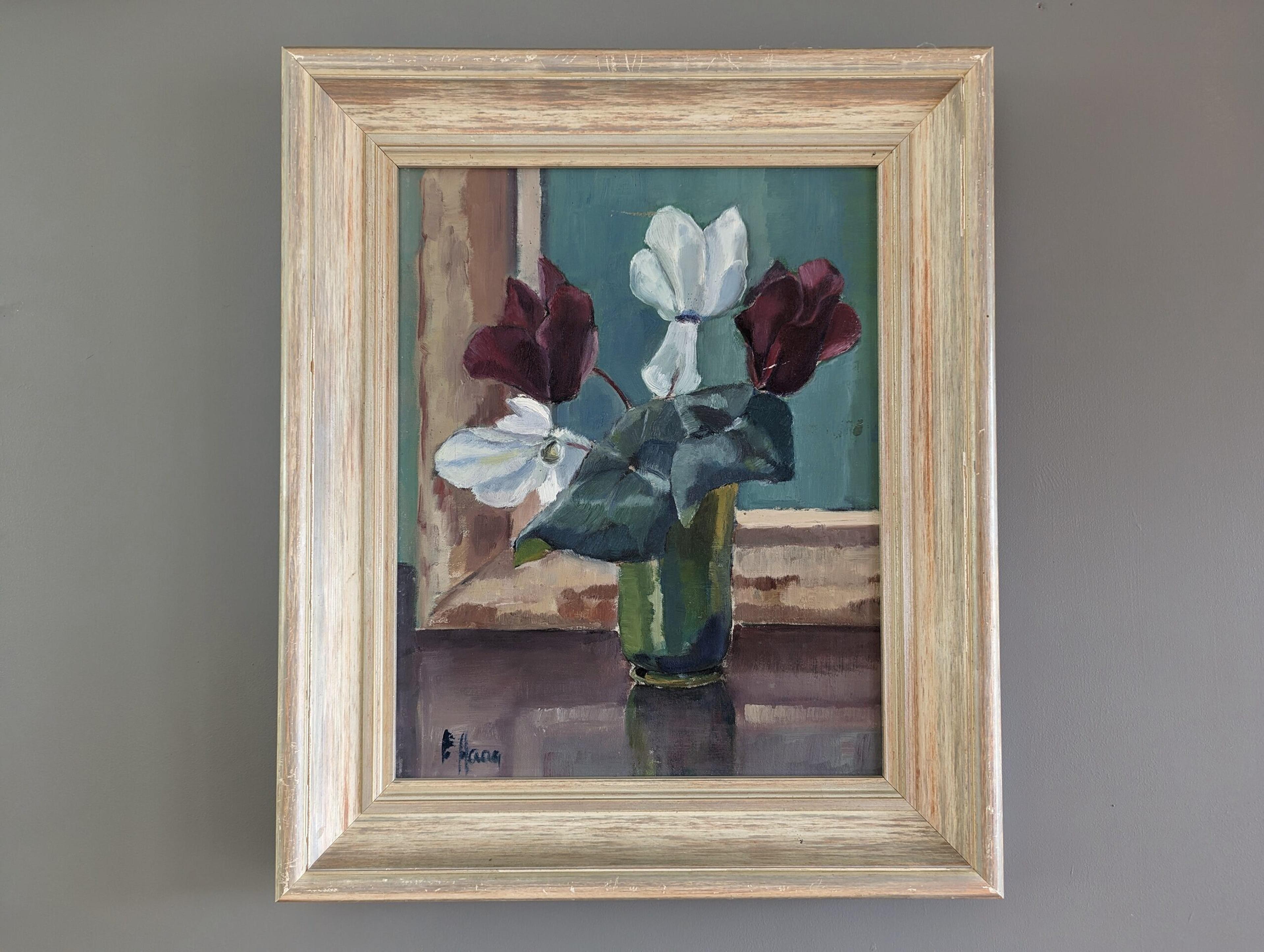 Vintage Mid-Century Modern Still Life Framed Oil Painting - Vase of Cyclamens - Brown Still-Life Painting by Unknown