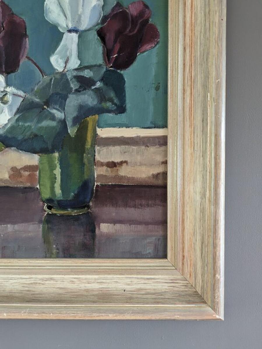 Vintage Mid-Century Modern Still Life Framed Oil Painting - Vase of Cyclamens 4