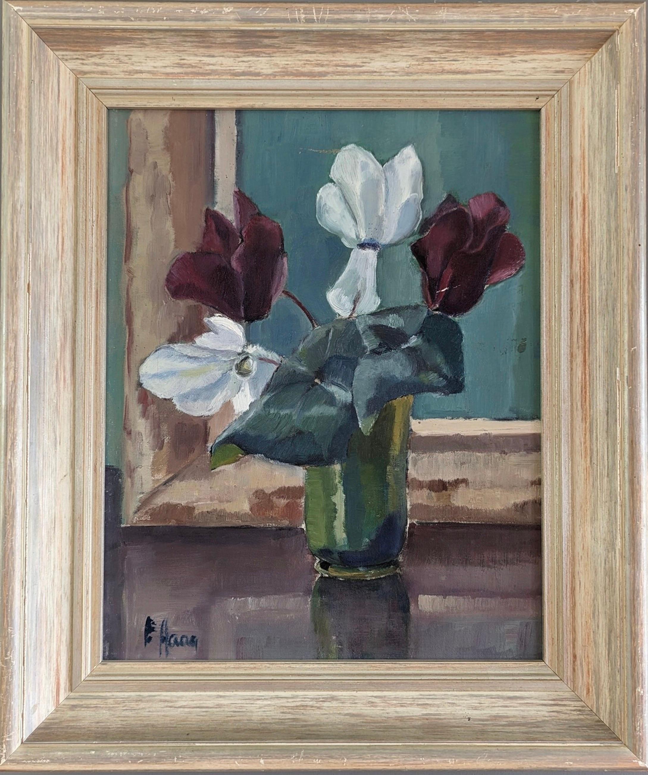 Unknown Still-Life Painting - Vintage Mid-Century Modern Still Life Framed Oil Painting - Vase of Cyclamens