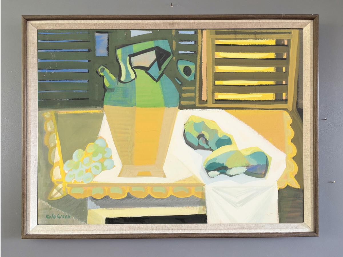 Vintage Mid Century Modern Naturaleza Muerta Pintura Gouache - Jarra y Uvas - Painting de Unknown