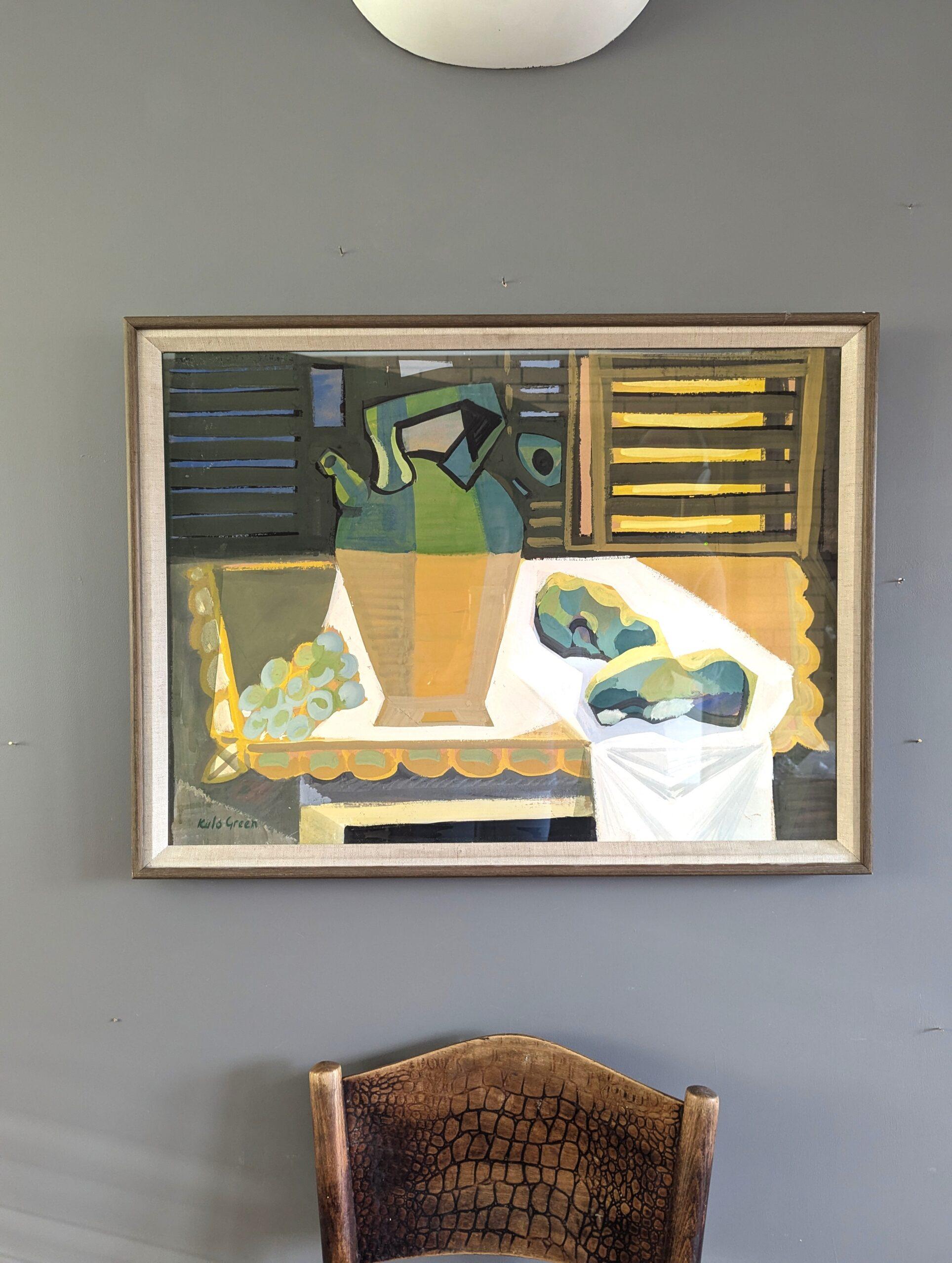 Vintage Mid Century Modern Naturaleza Muerta Pintura Gouache - Jarra y Uvas - Painting Moderno de Unknown