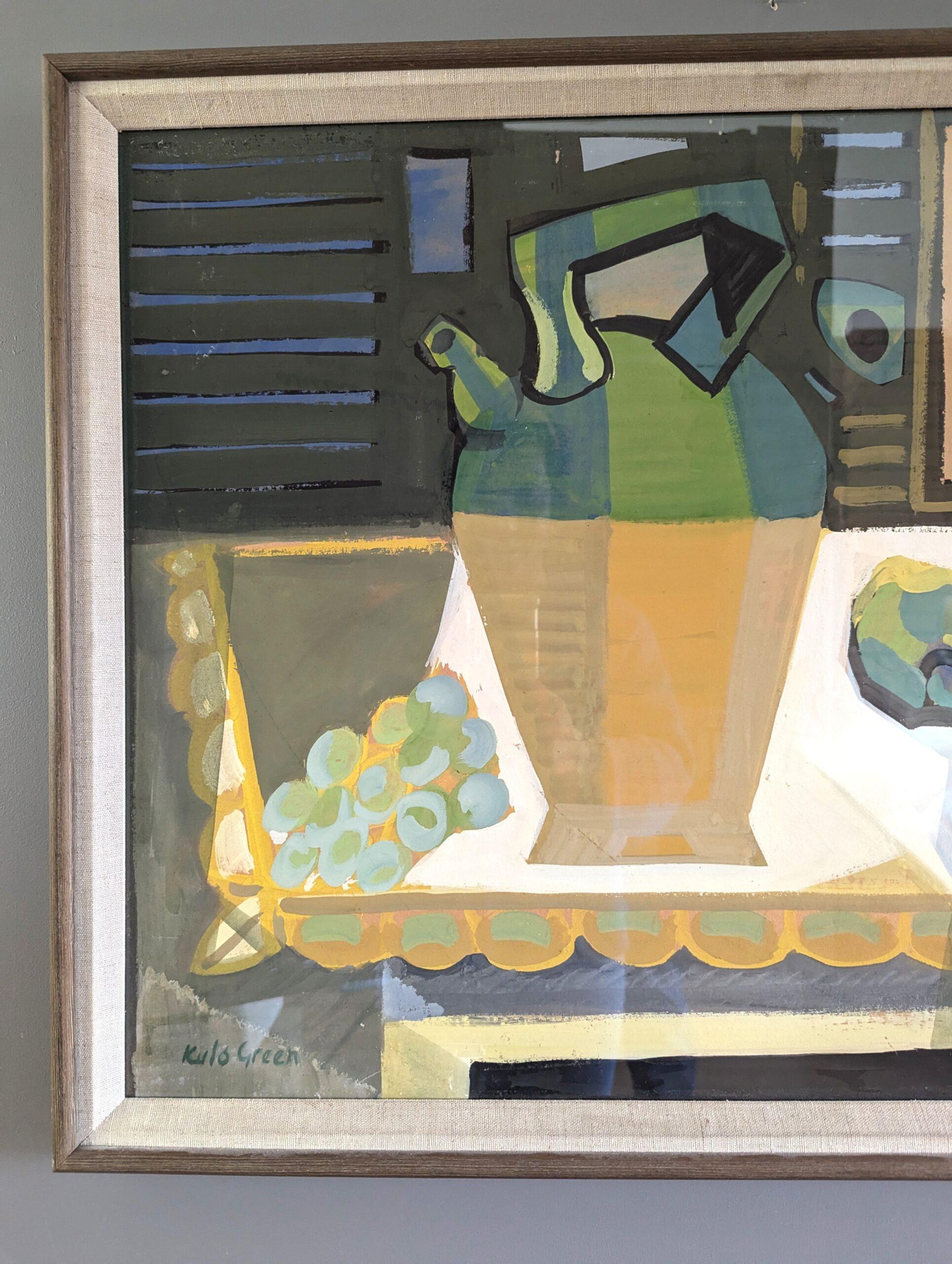 Vintage Mid Century Modern Naturaleza Muerta Pintura Gouache - Jarra y Uvas en venta 1