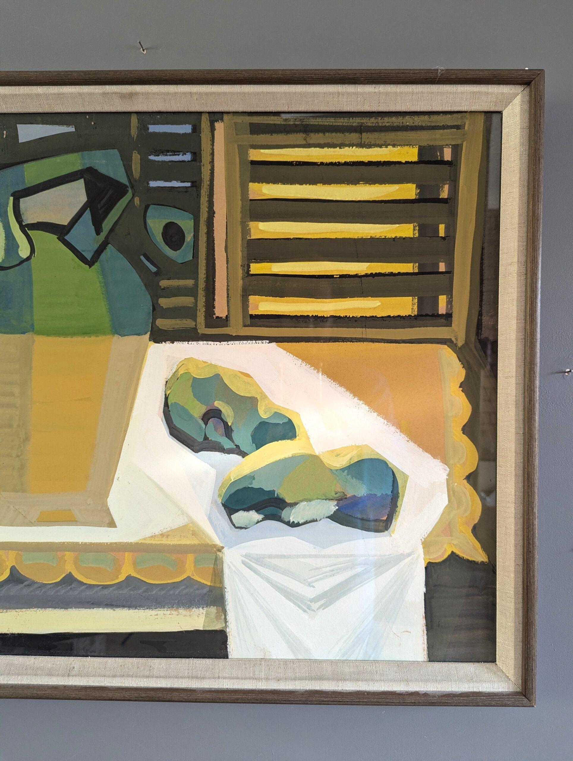 Vintage Mid Century Modern Naturaleza Muerta Pintura Gouache - Jarra y Uvas en venta 2