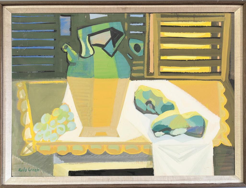 Vintage Mid Century Modern Still Life Gouache Painting - Pitcher and Grapes