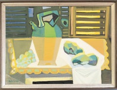 Vintage Mid Century Modern Still Life Gouache Painting - Pitcher and Grapes