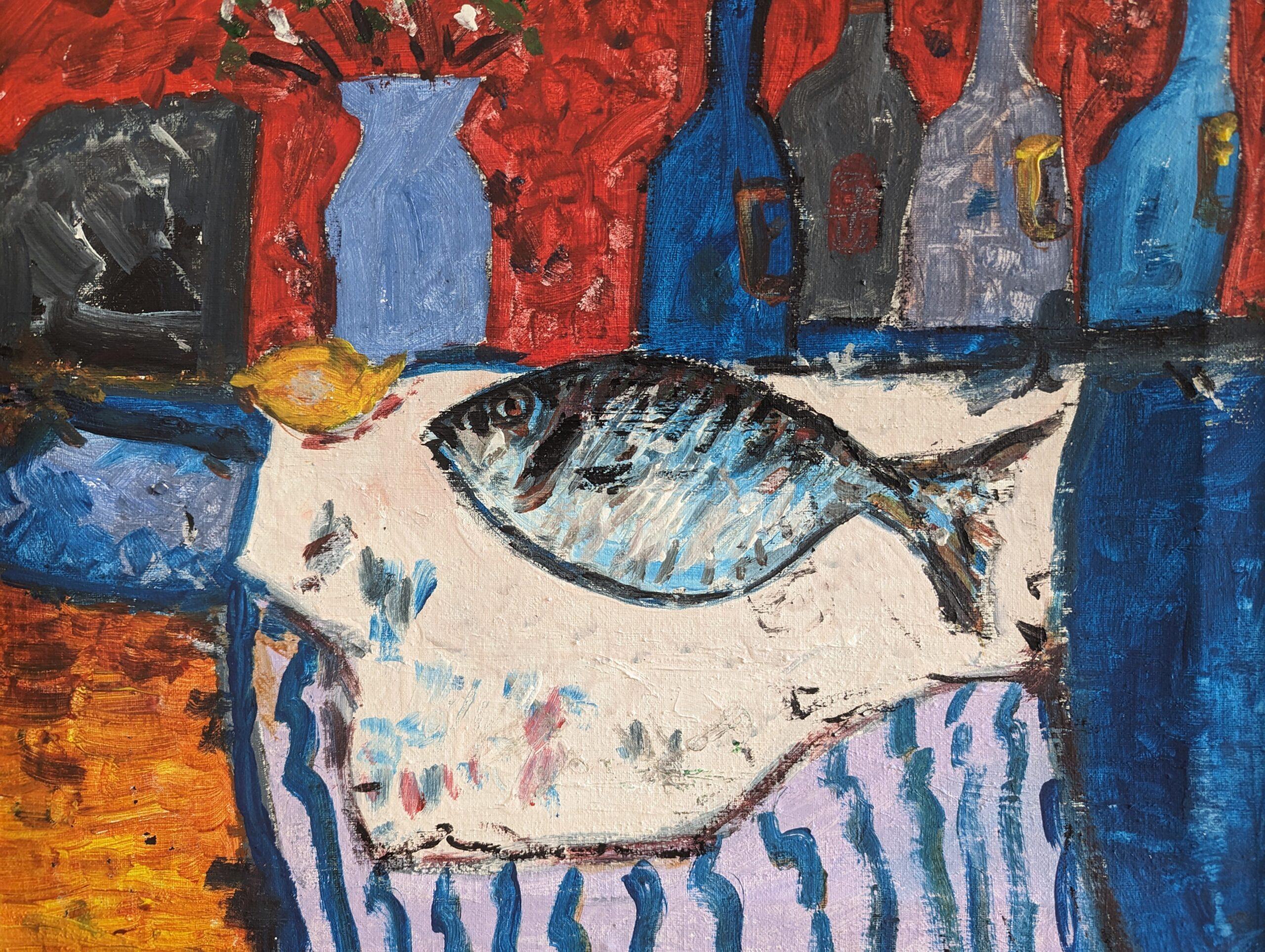 Pittura ad olio di una natura morta moderna di metà secolo - Pesce e bottiglie 6
