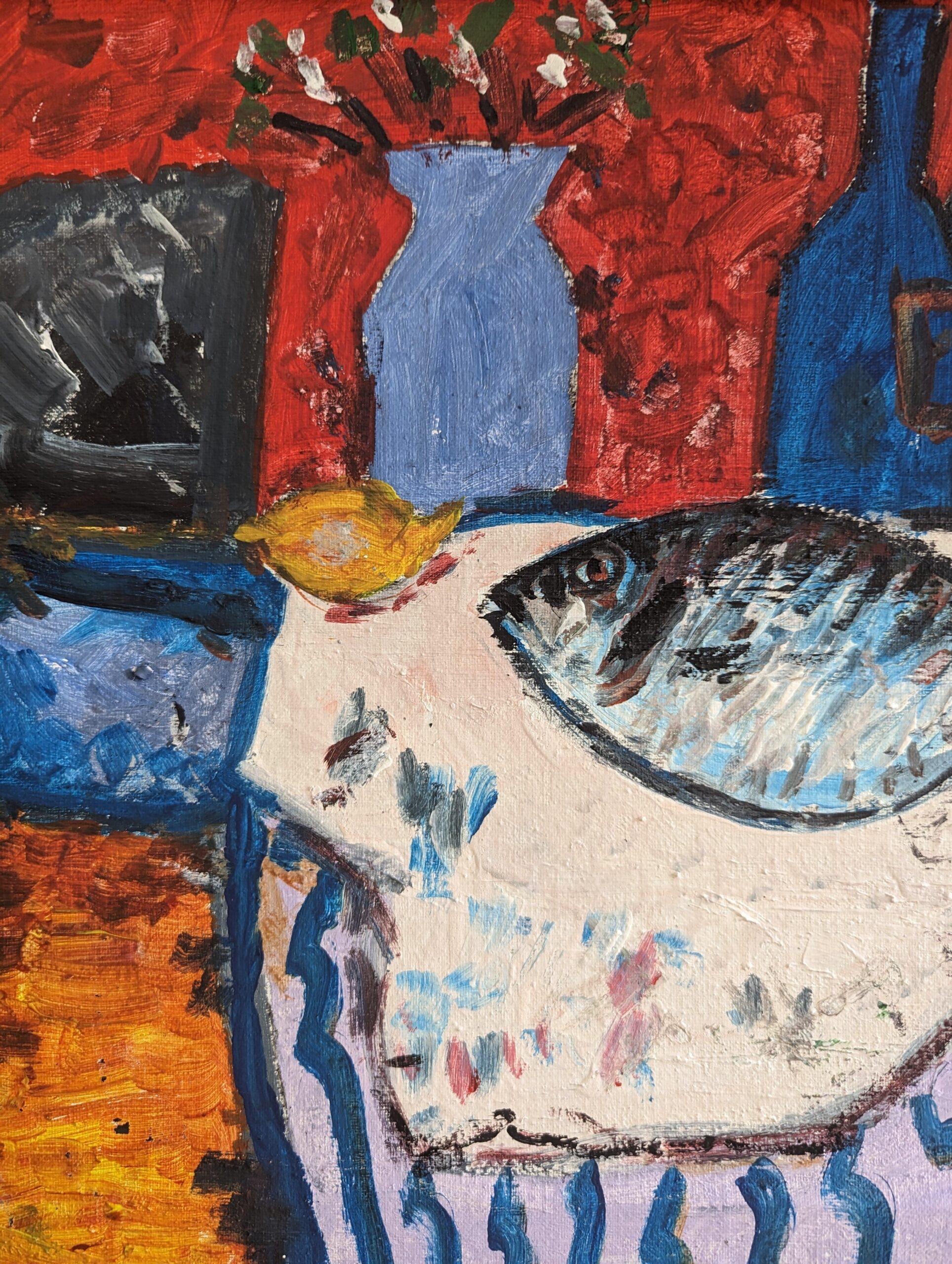 Pittura ad olio di una natura morta moderna di metà secolo - Pesce e bottiglie 7