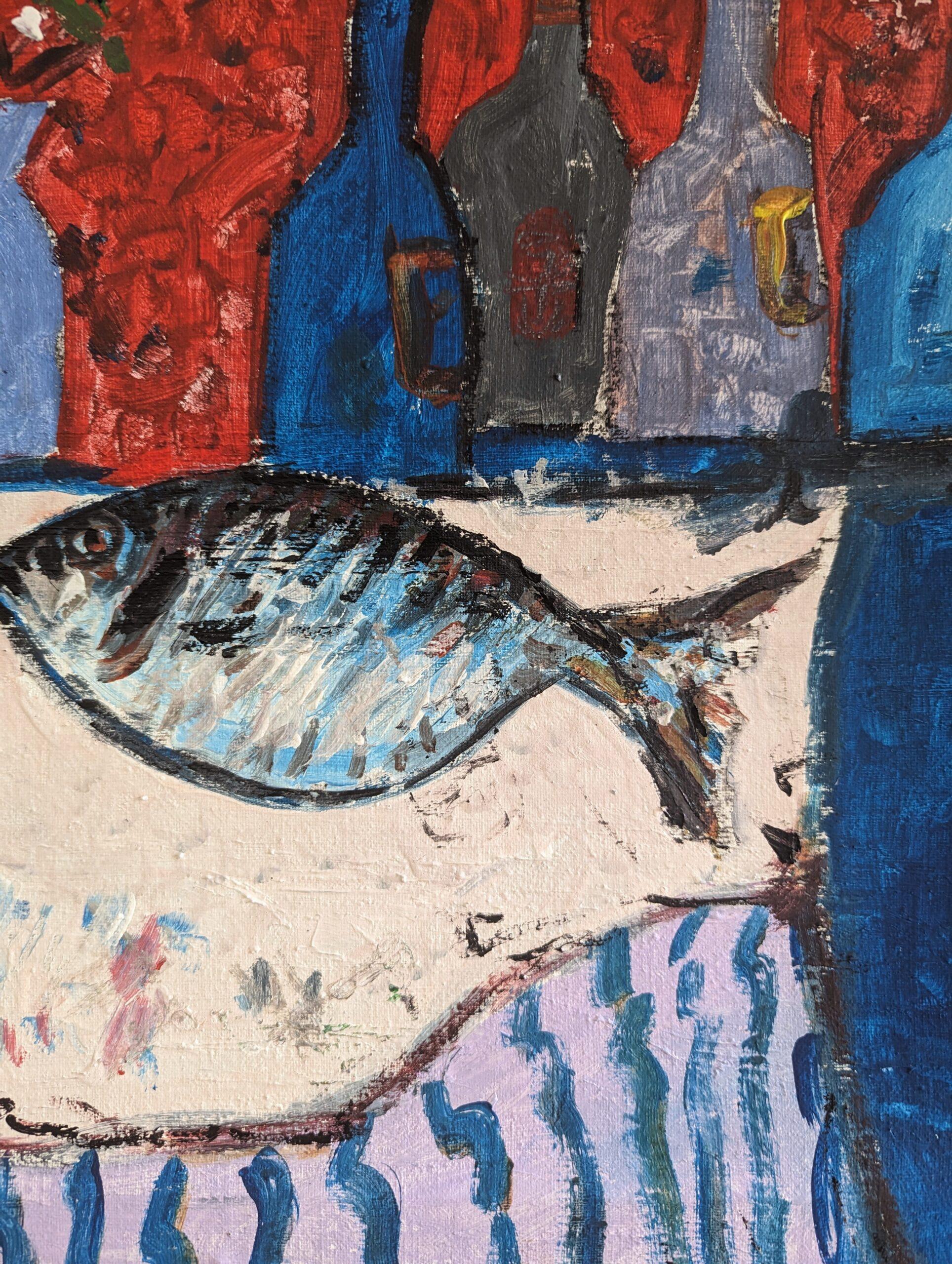 Pittura ad olio di una natura morta moderna di metà secolo - Pesce e bottiglie 8