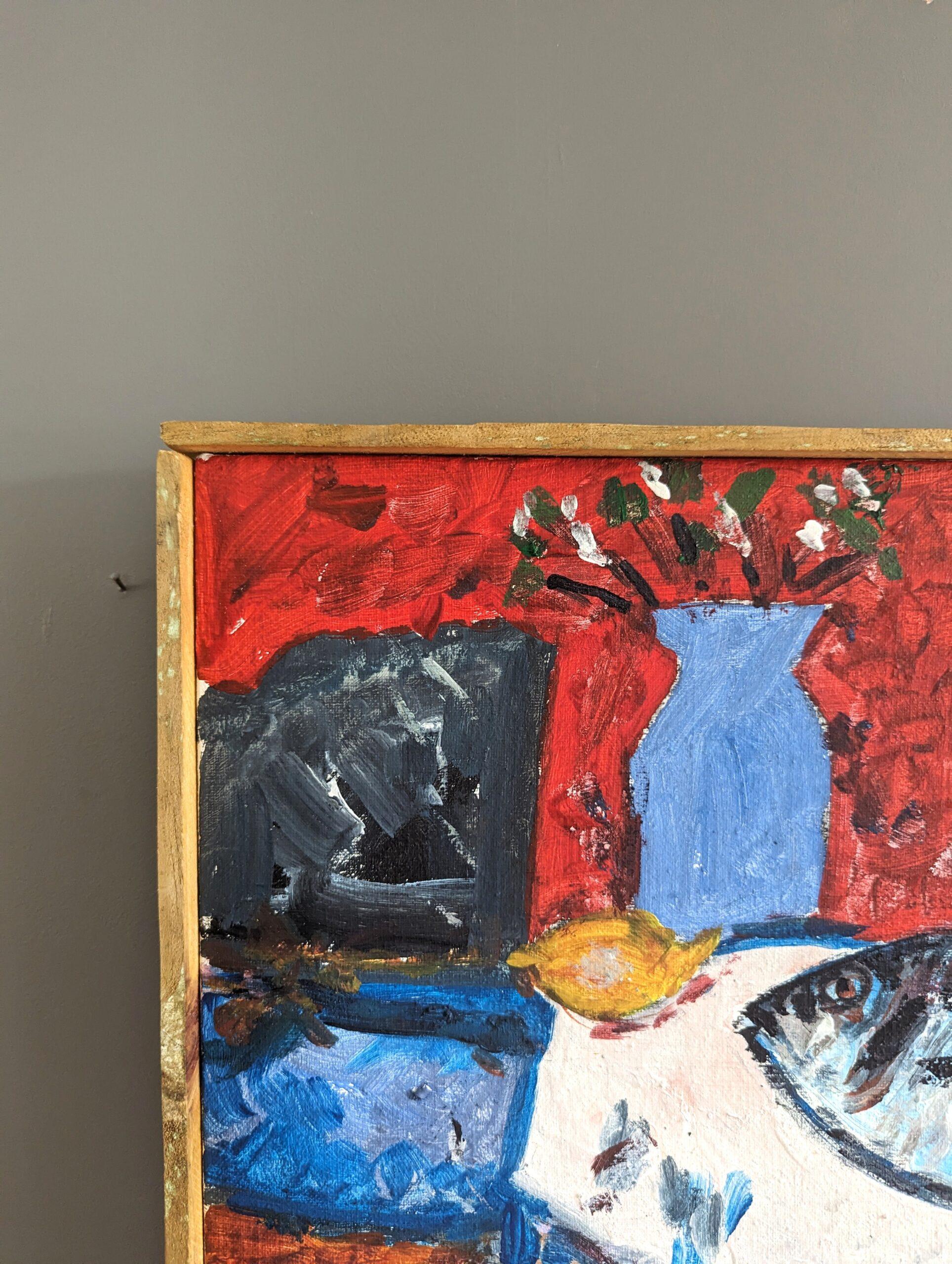Pittura ad olio di una natura morta moderna di metà secolo - Pesce e bottiglie 2