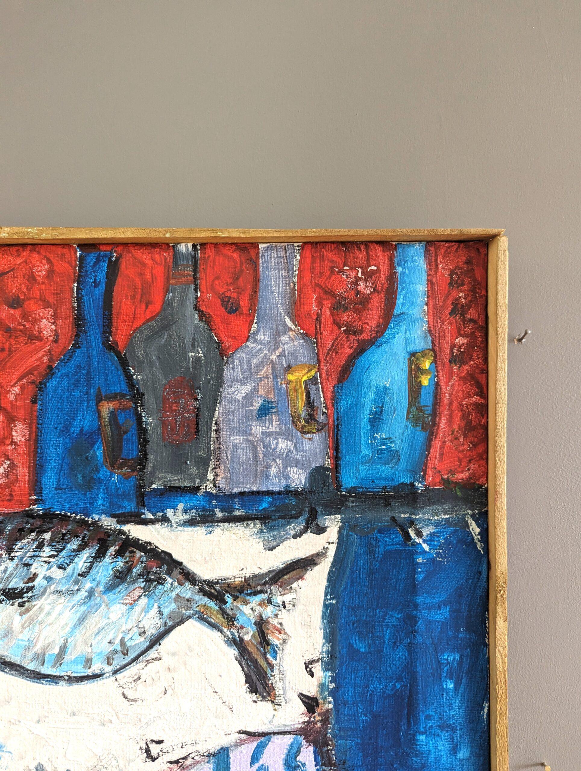 Pittura ad olio di una natura morta moderna di metà secolo - Pesce e bottiglie 3