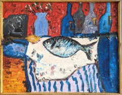 Pittura ad olio di una natura morta moderna di metà secolo - Pesce e bottiglie