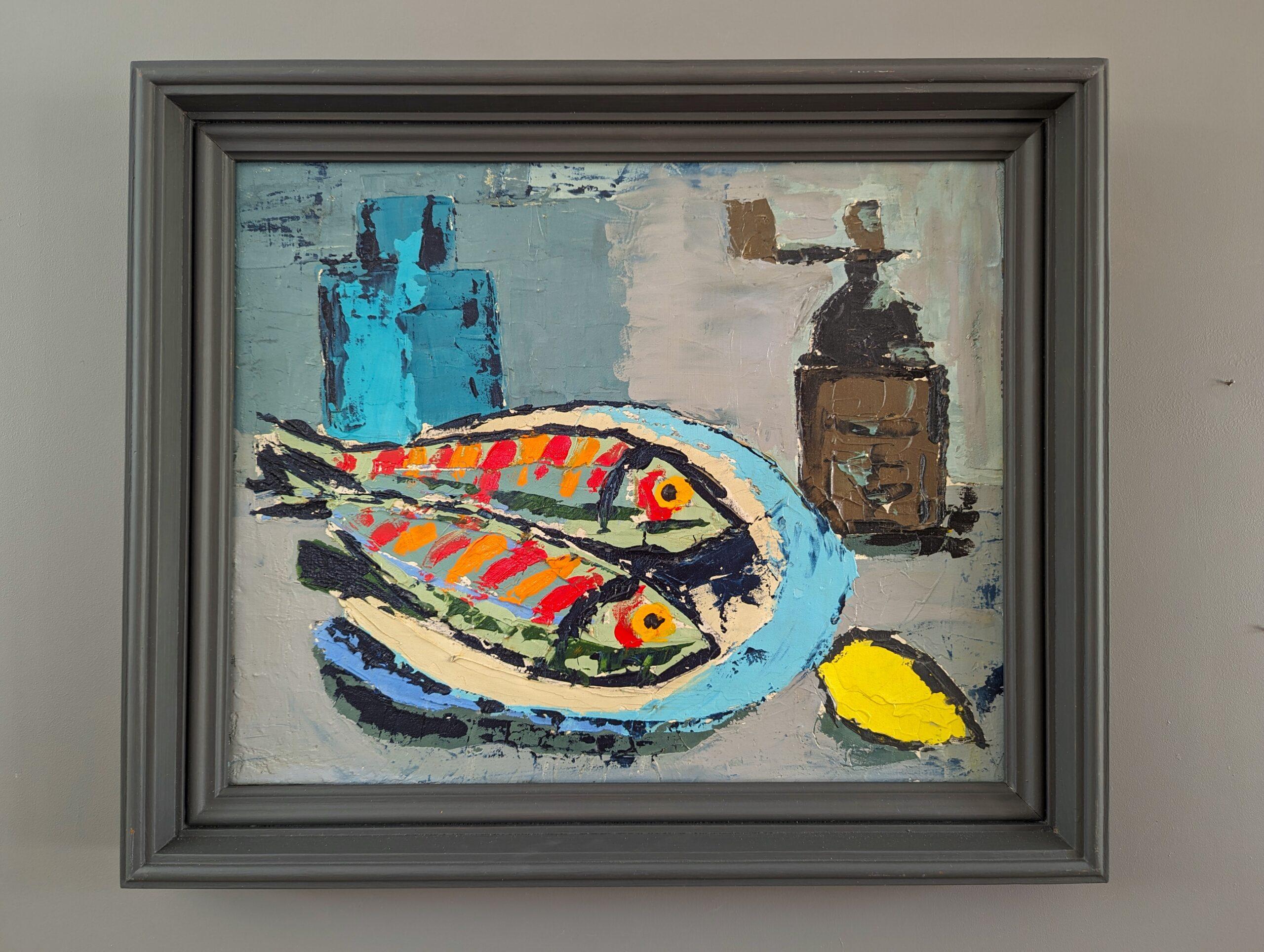 Bodegón al óleo vintage de mediados de siglo - Pescado y limón - Painting de Unknown