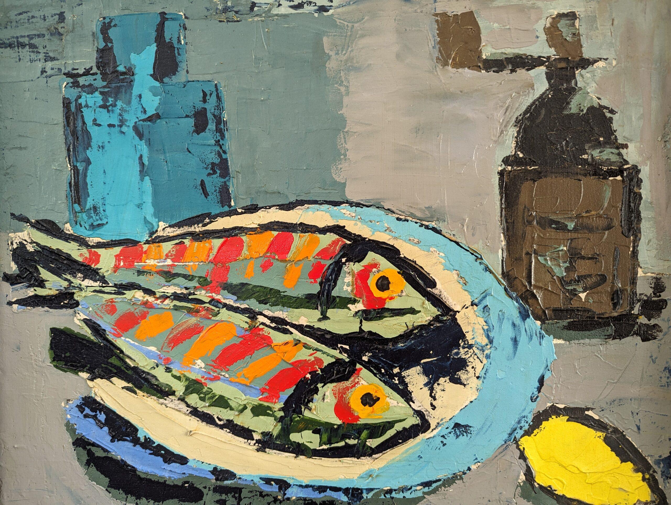 Bodegón al óleo vintage de mediados de siglo - Pescado y limón - Painting Moderno de Unknown