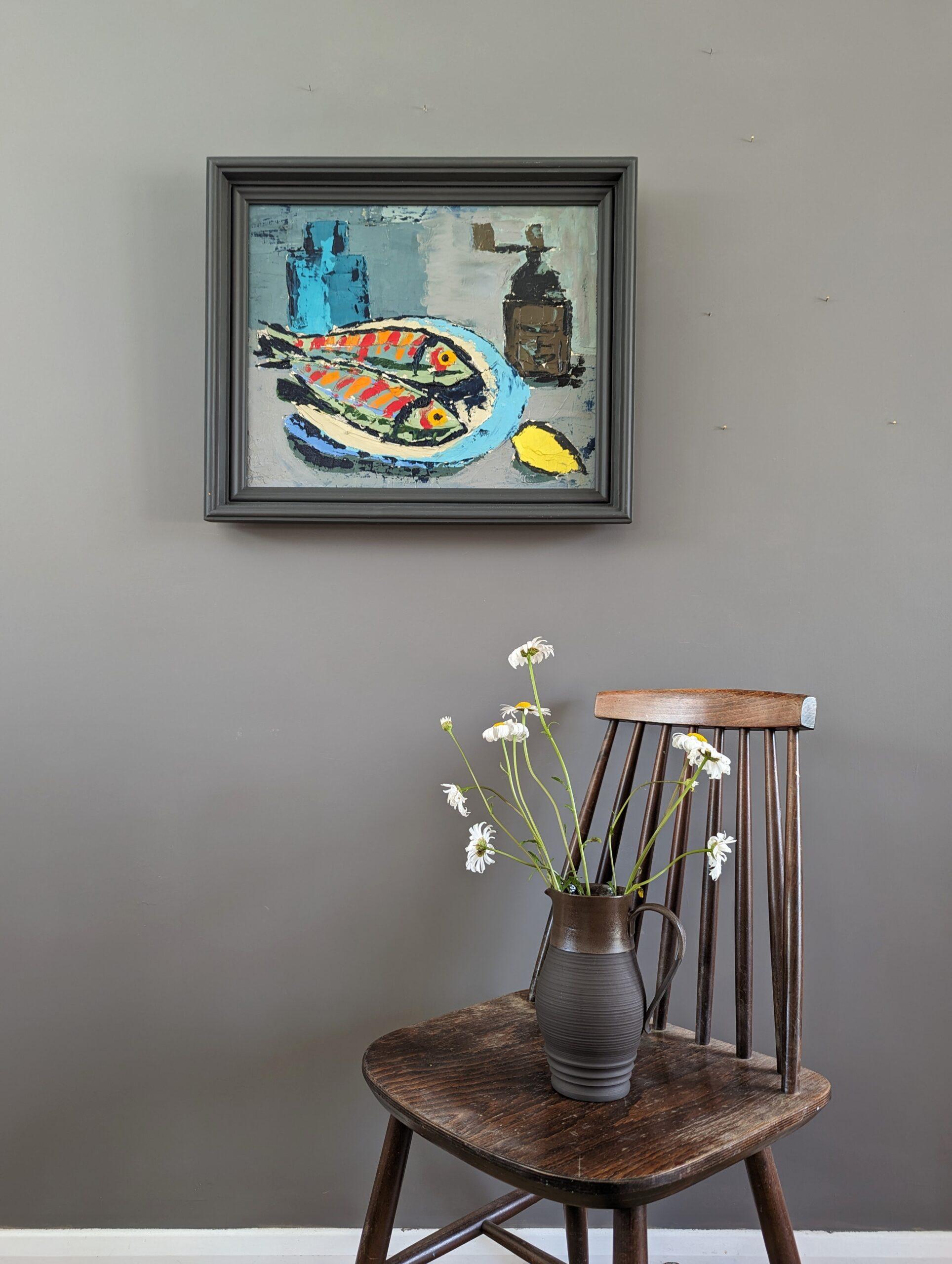 Bodegón al óleo vintage de mediados de siglo - Pescado y limón - Still-Life Painting Gris de Unknown