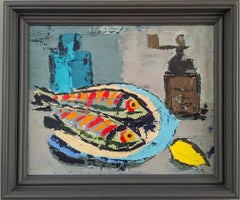 Vintage Mid-Century Modern Still Life Oil Painting - Fish & Lemon