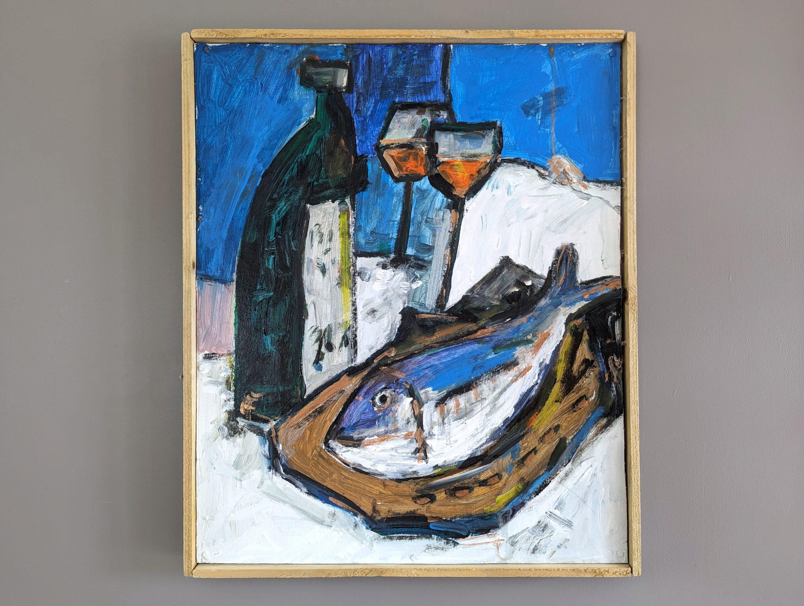 FISH & WINE
Oil on Canvas
Size: 48 x 40 cm (including frame)

A fun and striking mid century modernist still life painting, executed in oil onto board.

Featuring a rich colour palette as well as bold, expressive brushwork, this still life painting
