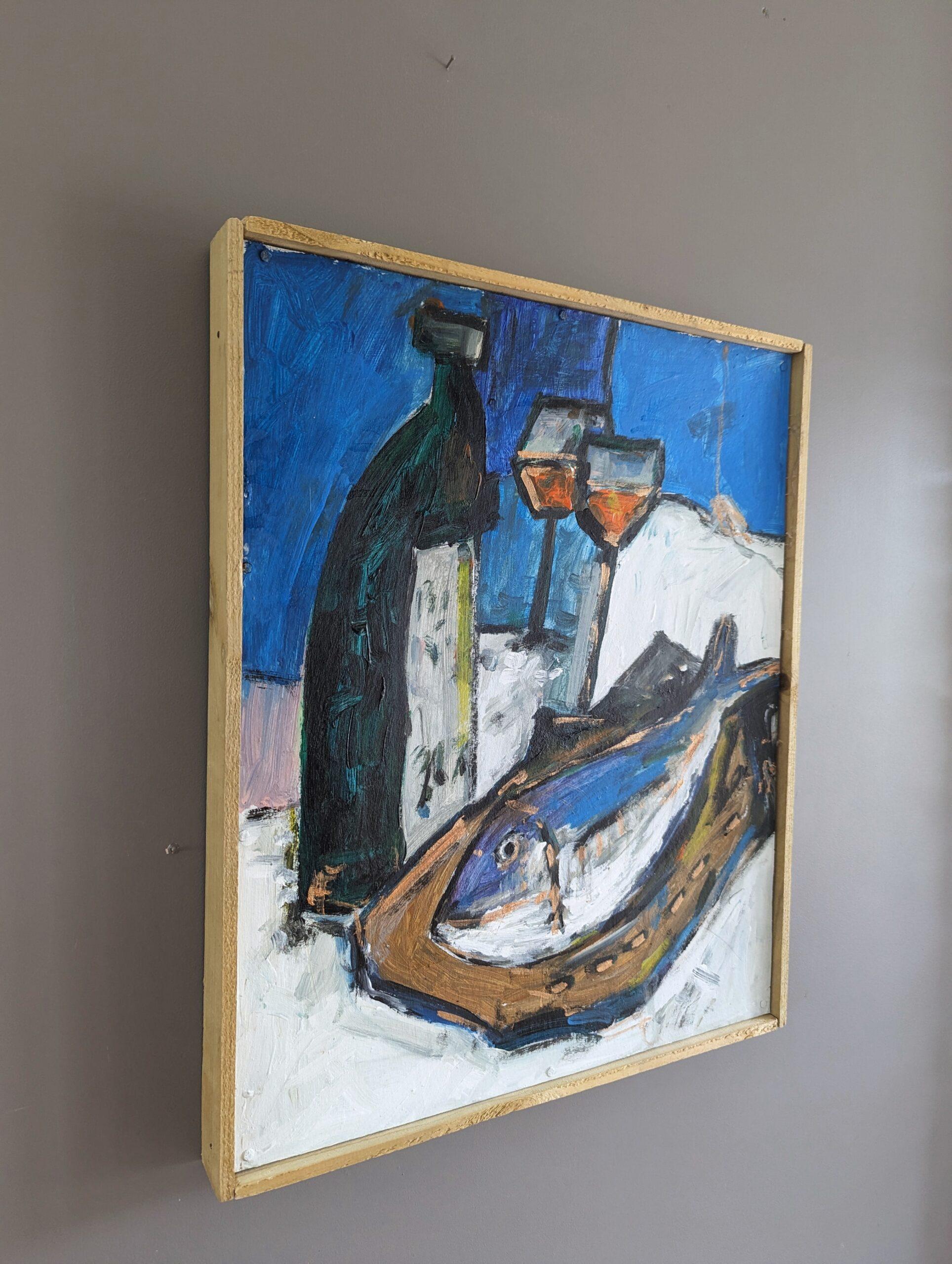 Vintage Mid-Century Modern Still Life Oil Painting - Fish & Wine 1