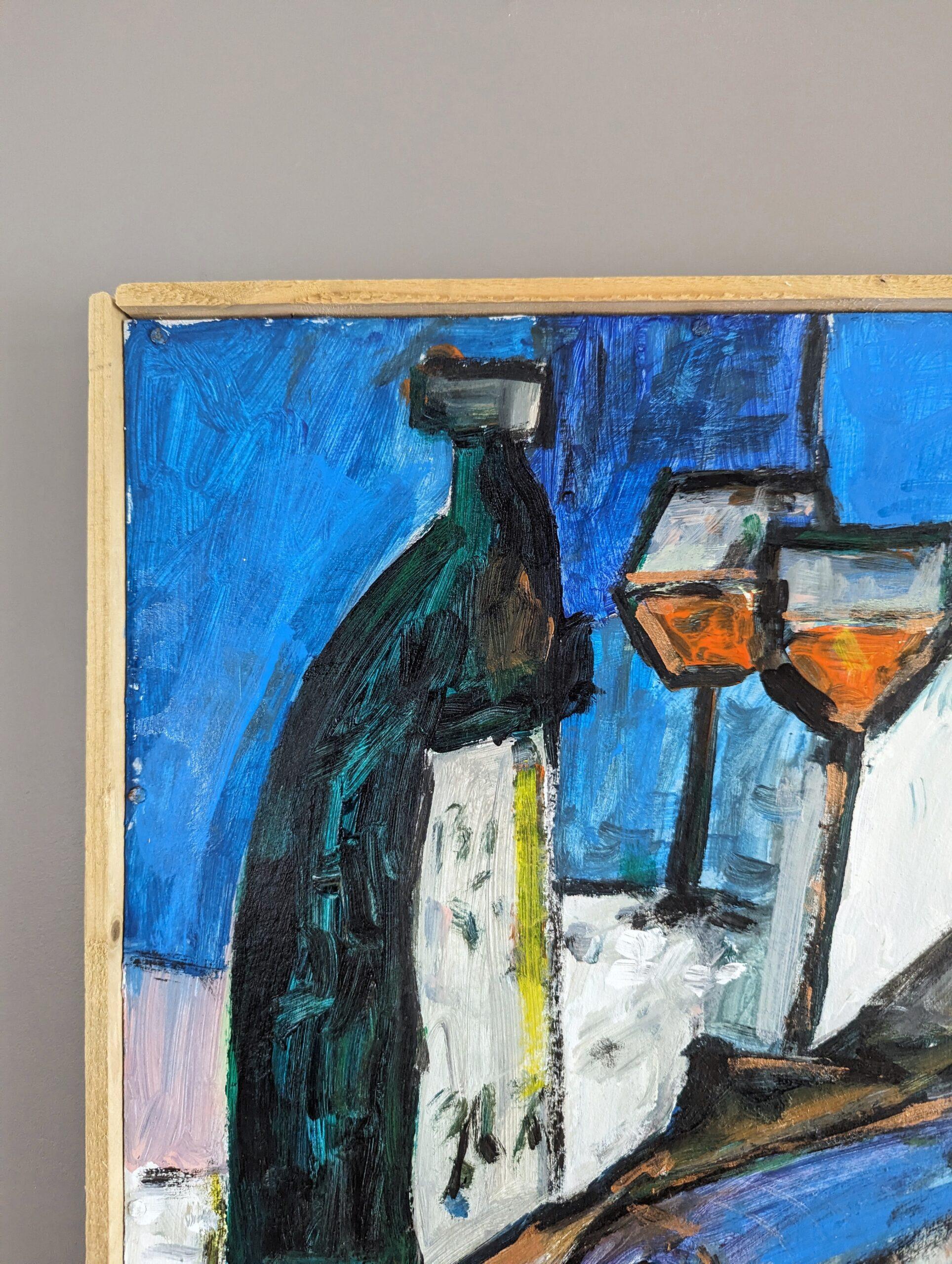 Vintage Mid-Century Modern Still Life Oil Painting - Fish & Wine 3