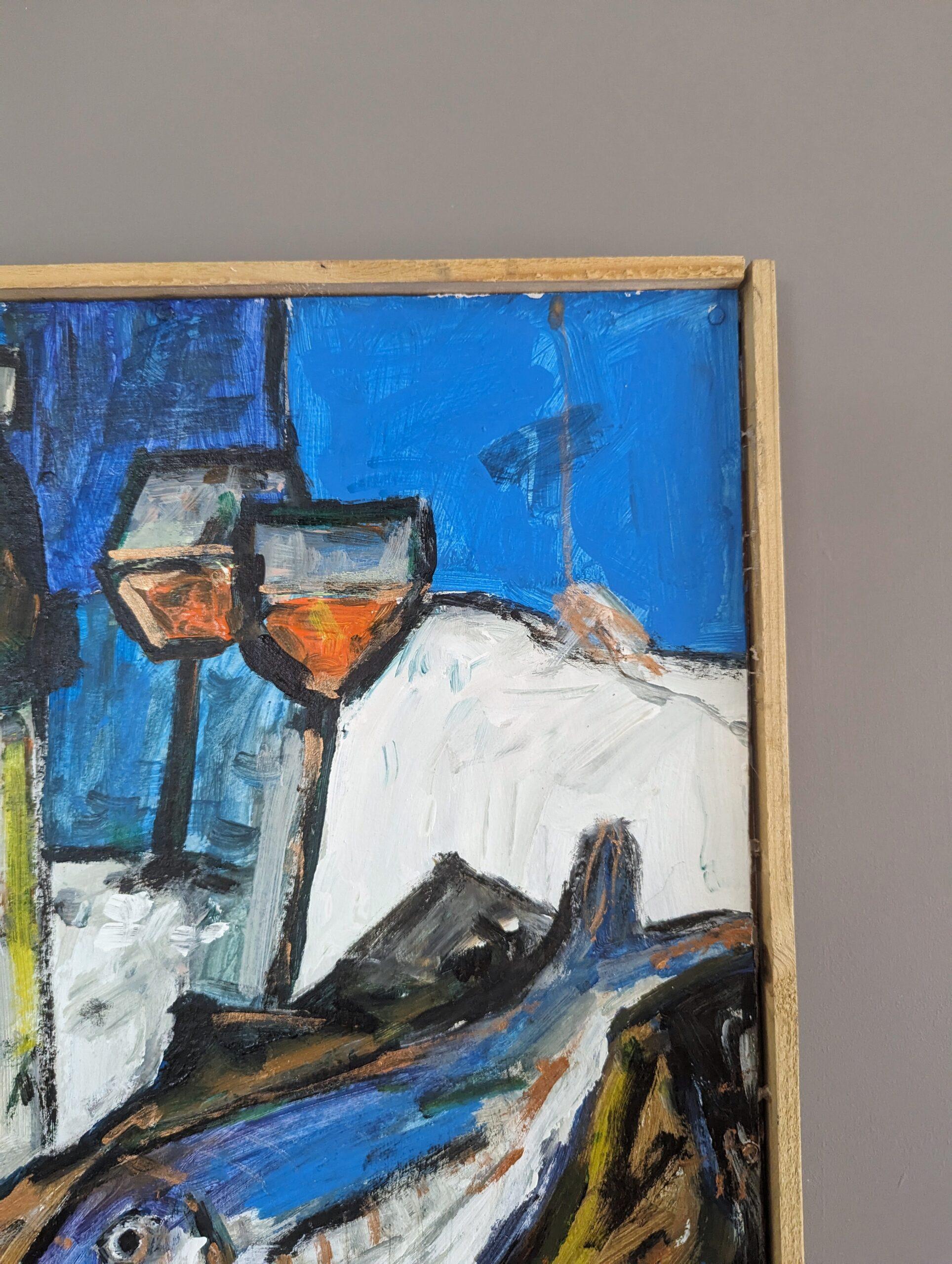 Vintage Mid-Century Modern Still Life Oil Painting - Fish & Wine 4