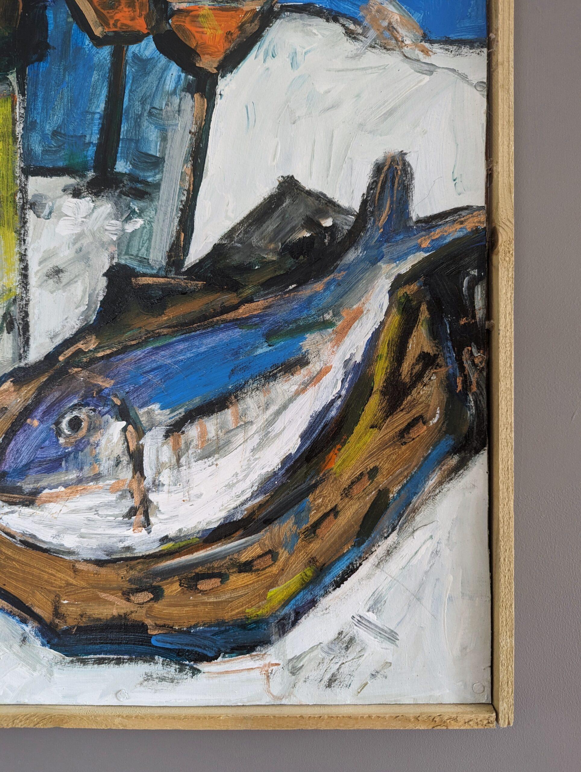 Vintage Mid-Century Modern Still Life Oil Painting - Fish & Wine 5