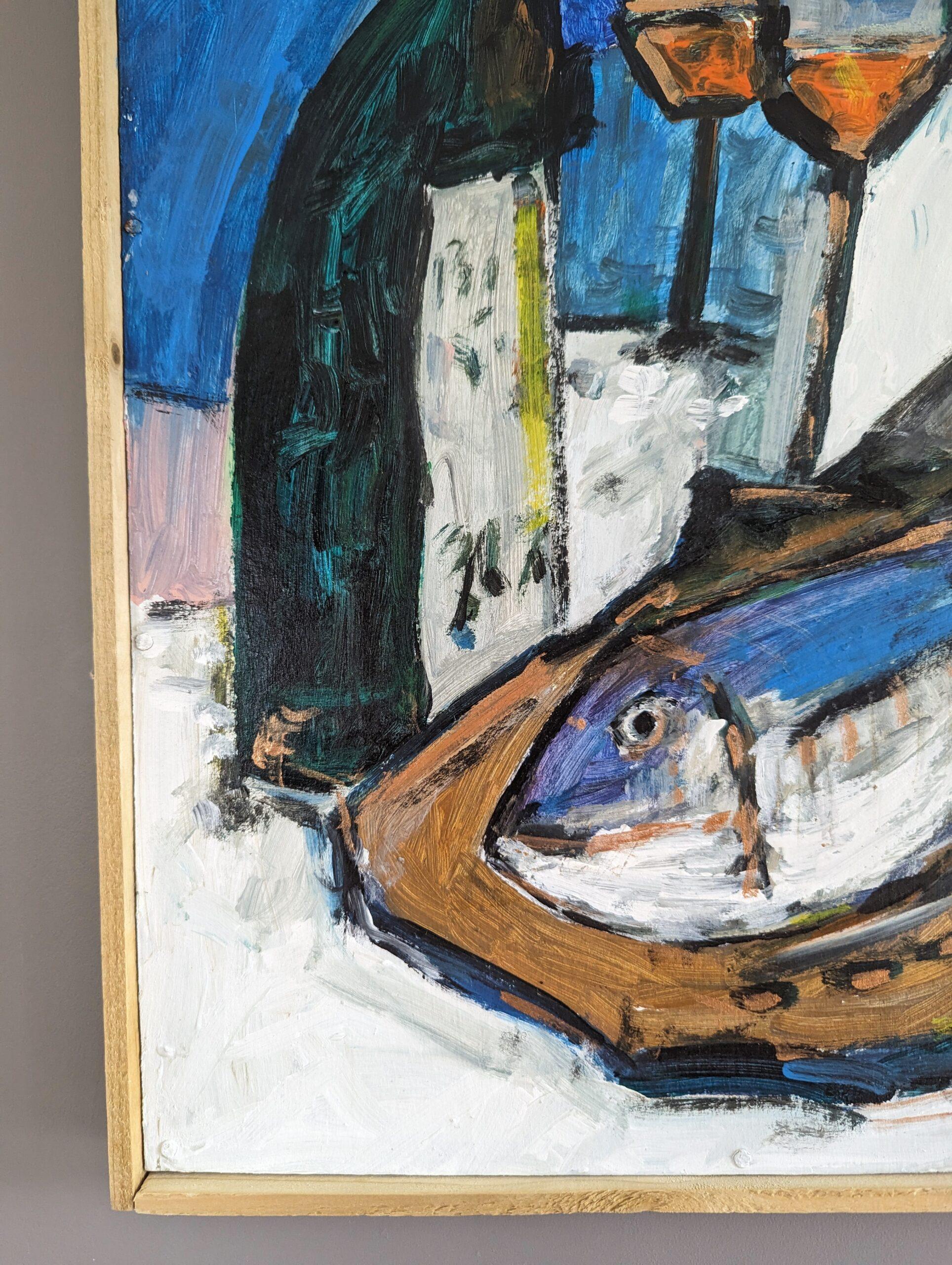 Vintage Mid-Century Modern Still Life Oil Painting - Fish & Wine 6