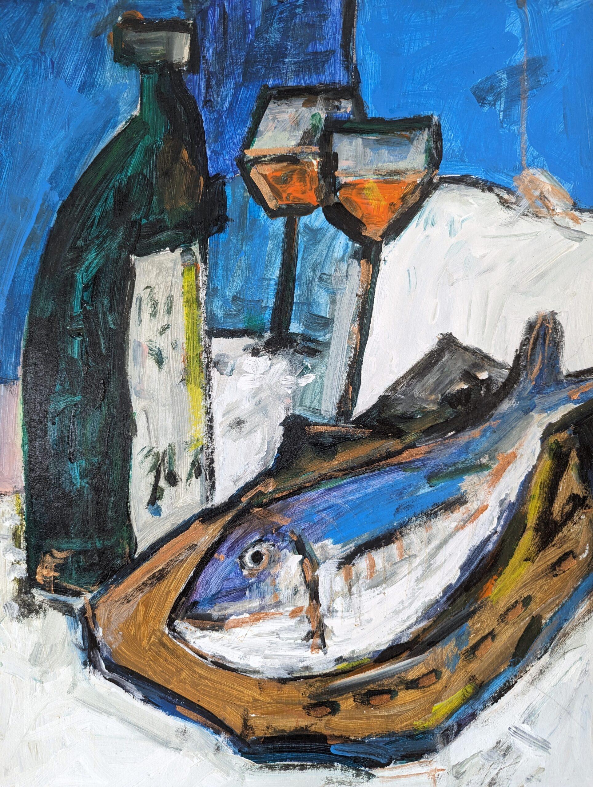 Vintage Mid-Century Modern Still Life Oil Painting - Fish & Wine 7
