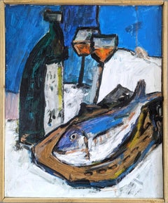 Vintage Mid-Century Modern Still Life Oil Painting - Fish & Wine