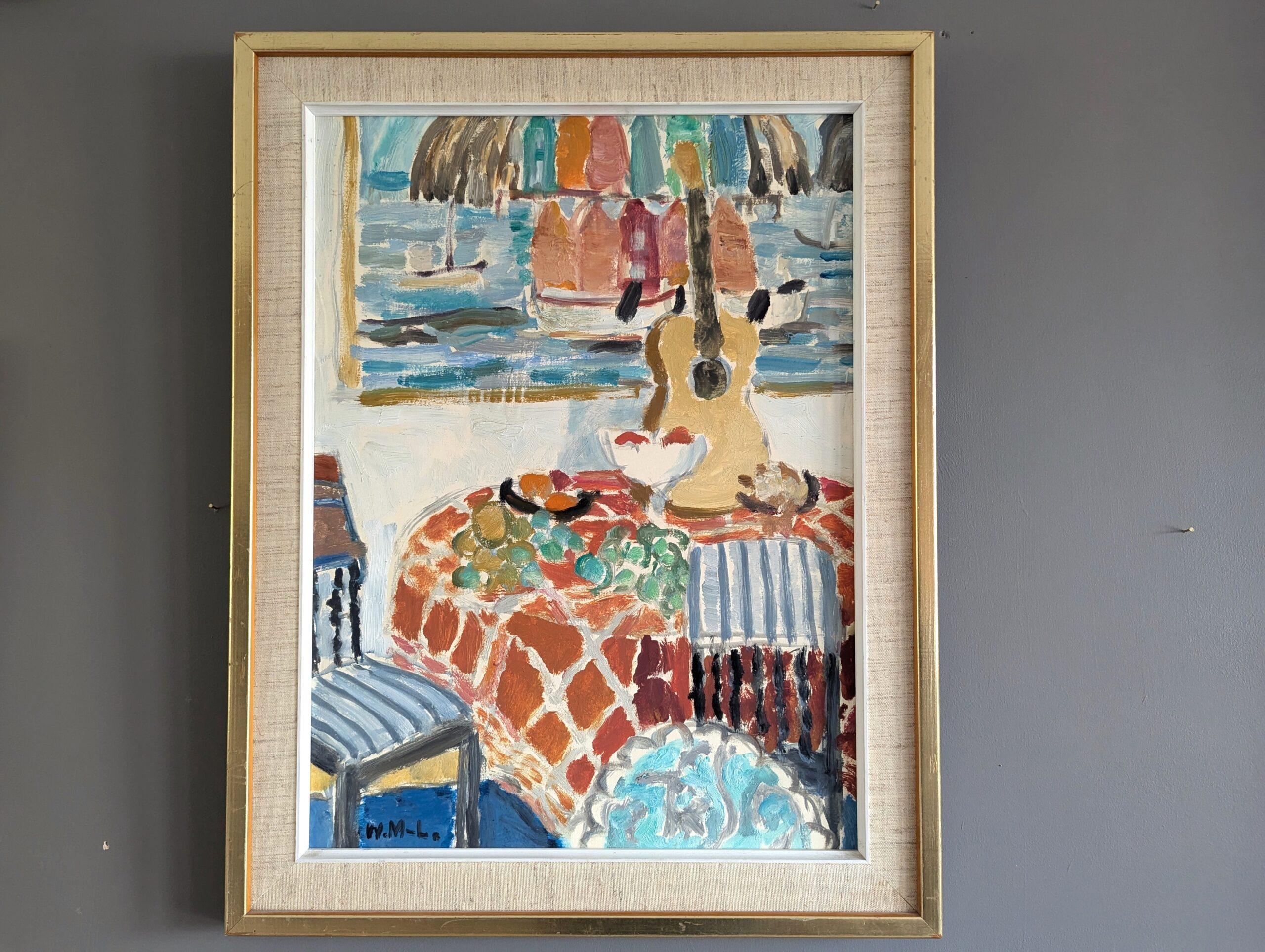 Vintage Mid-Century Modern Still Life Oil Painting - Interior with Painting - Brown Interior Painting by Unknown