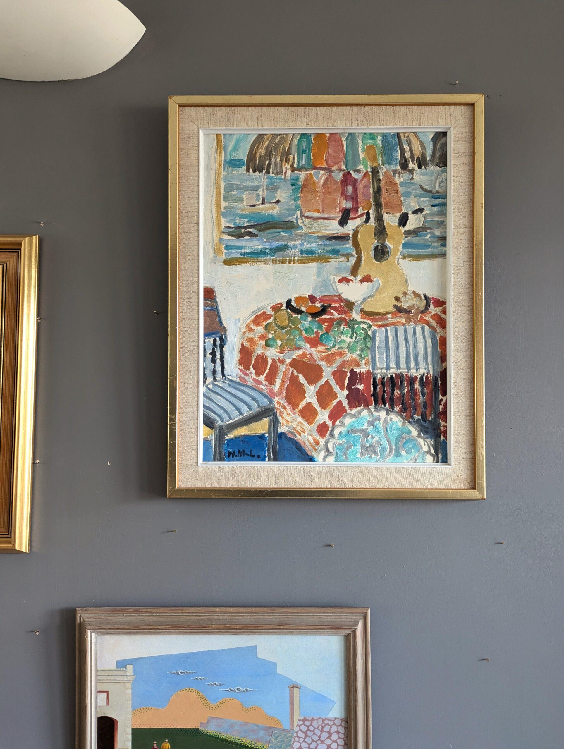 Vintage Mid-Century Modern Still Life Oil Painting - Interior with Painting For Sale 1