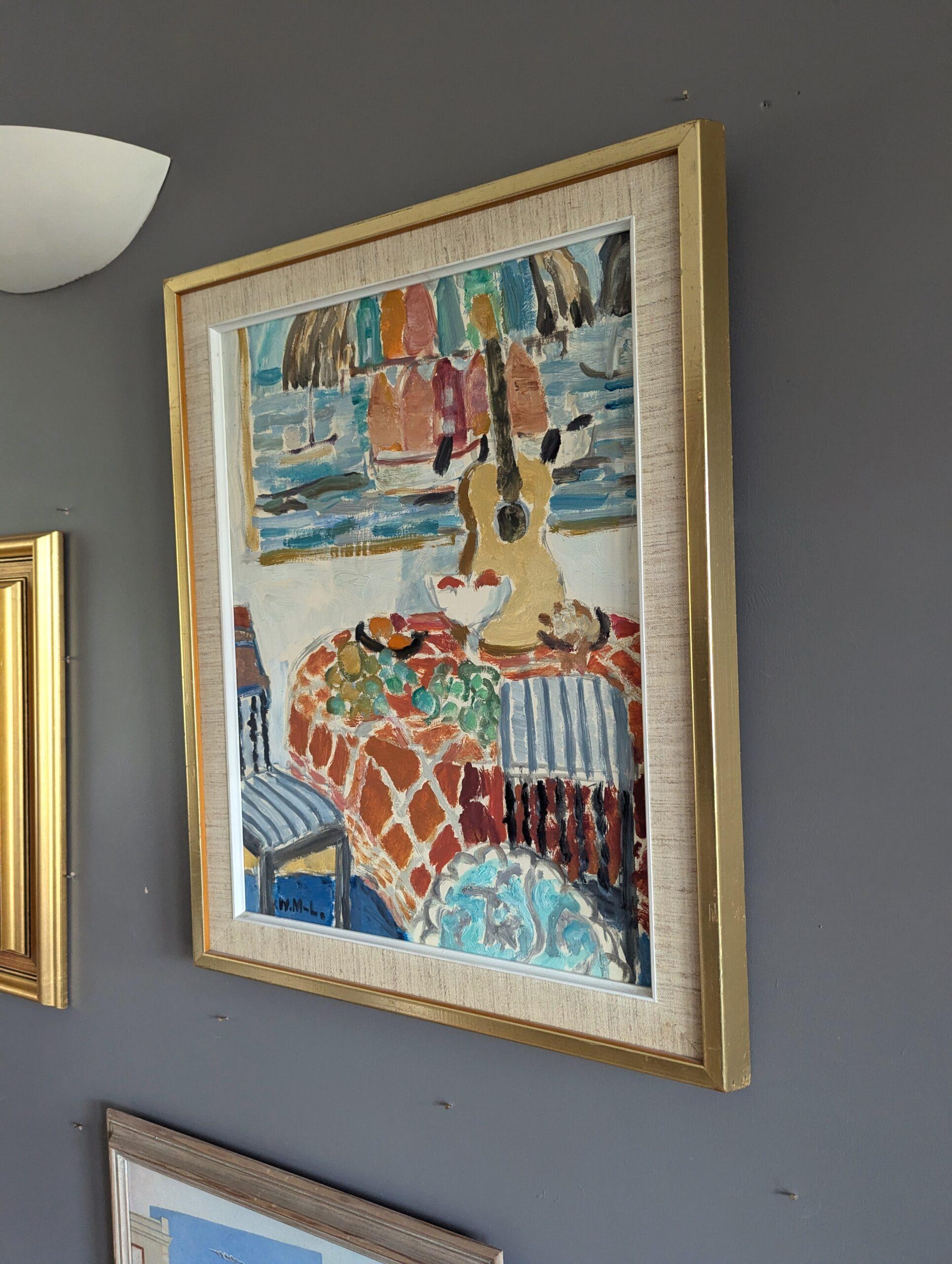 Vintage Mid-Century Modern Still Life Oil Painting - Interior with Painting For Sale 2