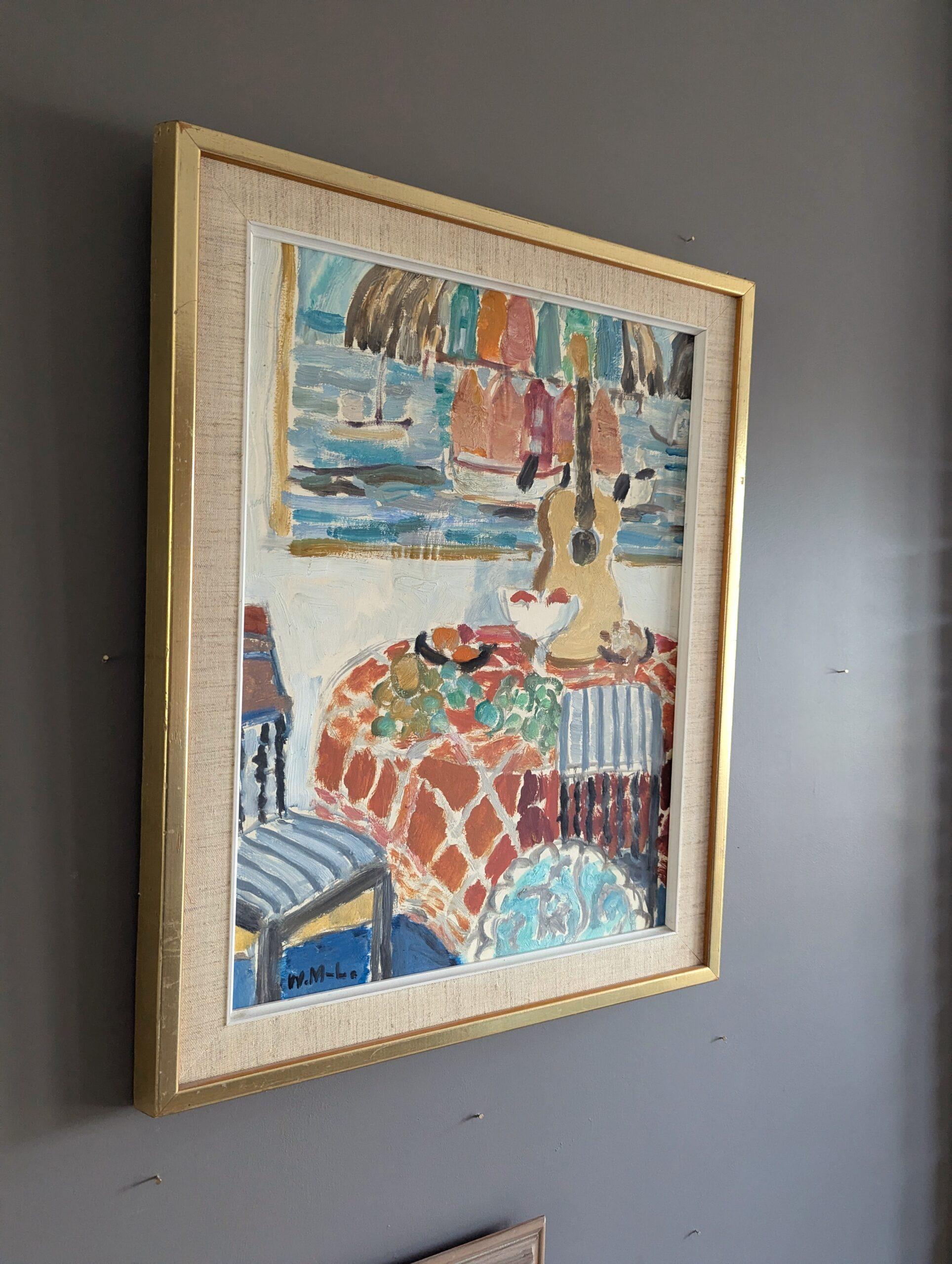 Vintage Mid-Century Modern Still Life Oil Painting - Interior with Painting For Sale 3