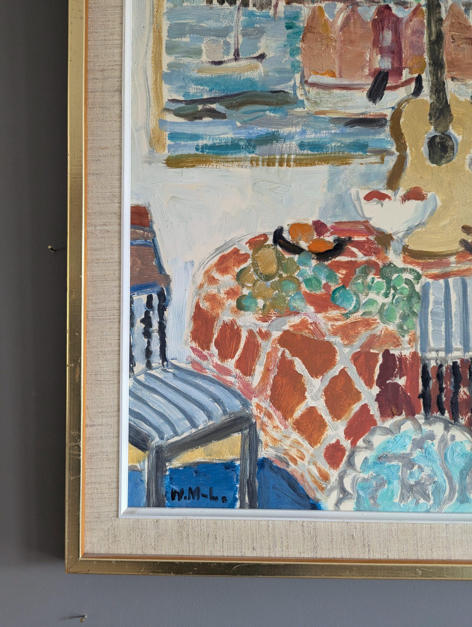 Vintage Mid-Century Modern Still Life Oil Painting - Interior with Painting For Sale 4