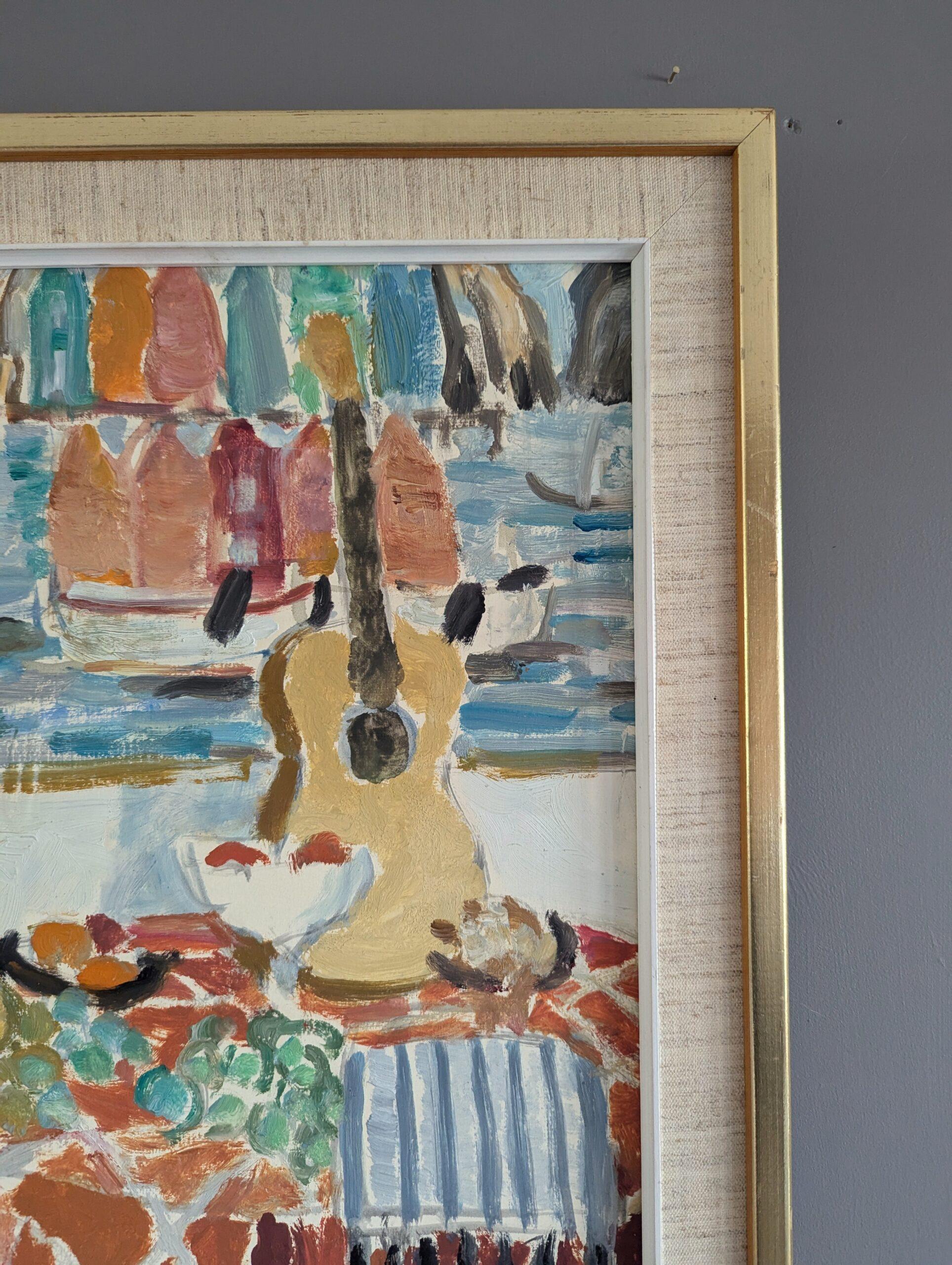 Vintage Mid-Century Modern Still Life Oil Painting - Interior with Painting For Sale 5