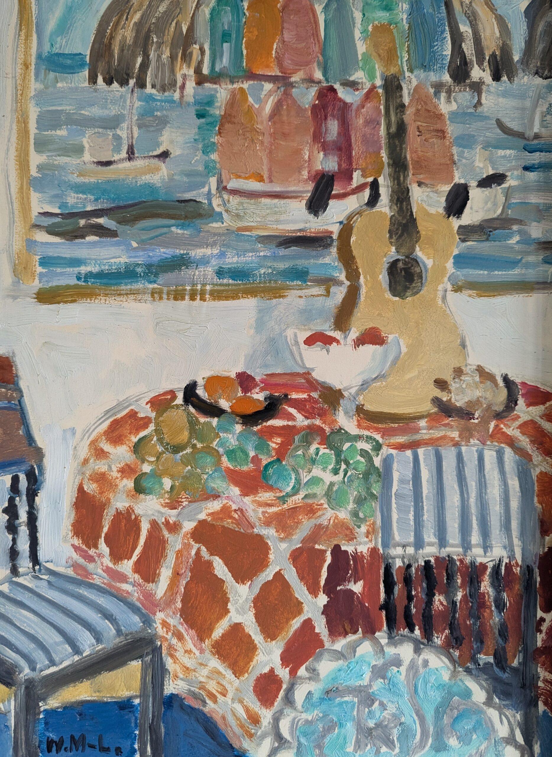 Vintage Mid-Century Modern Still Life Oil Painting - Interior with Painting For Sale 6