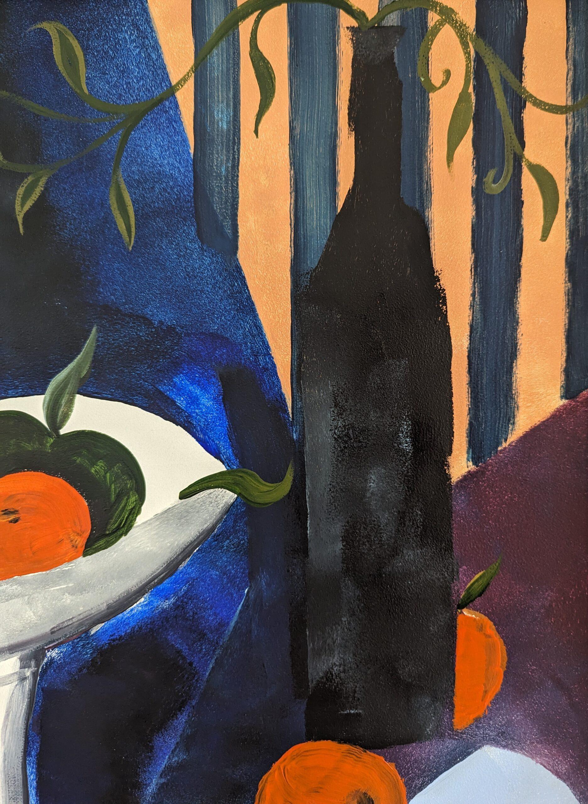 Pittura ad olio di una natura morta moderna di metà secolo - Arance e bottiglia 6